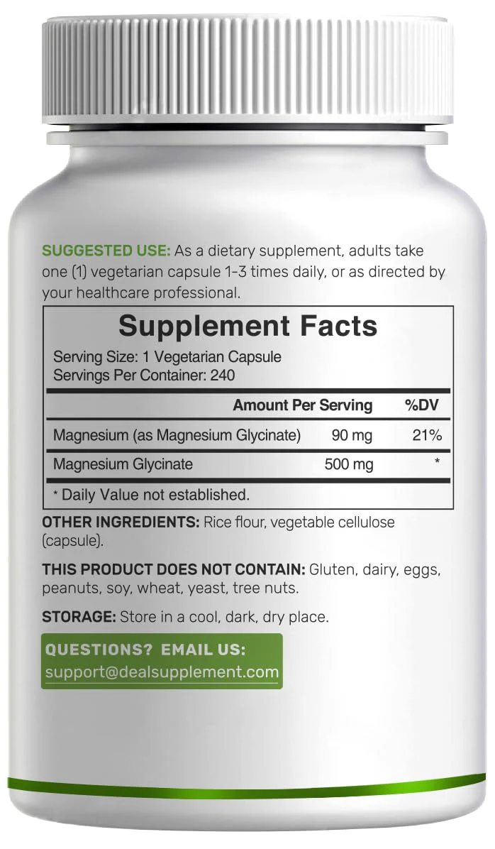 Deal Supplement Magnesium Glycinate 500mg, 240 Veggie Capsules | 100% Chelated for Easy Absorption | Essential Mineral Supplement | Non-GMO, Gluten-Free - Image 3