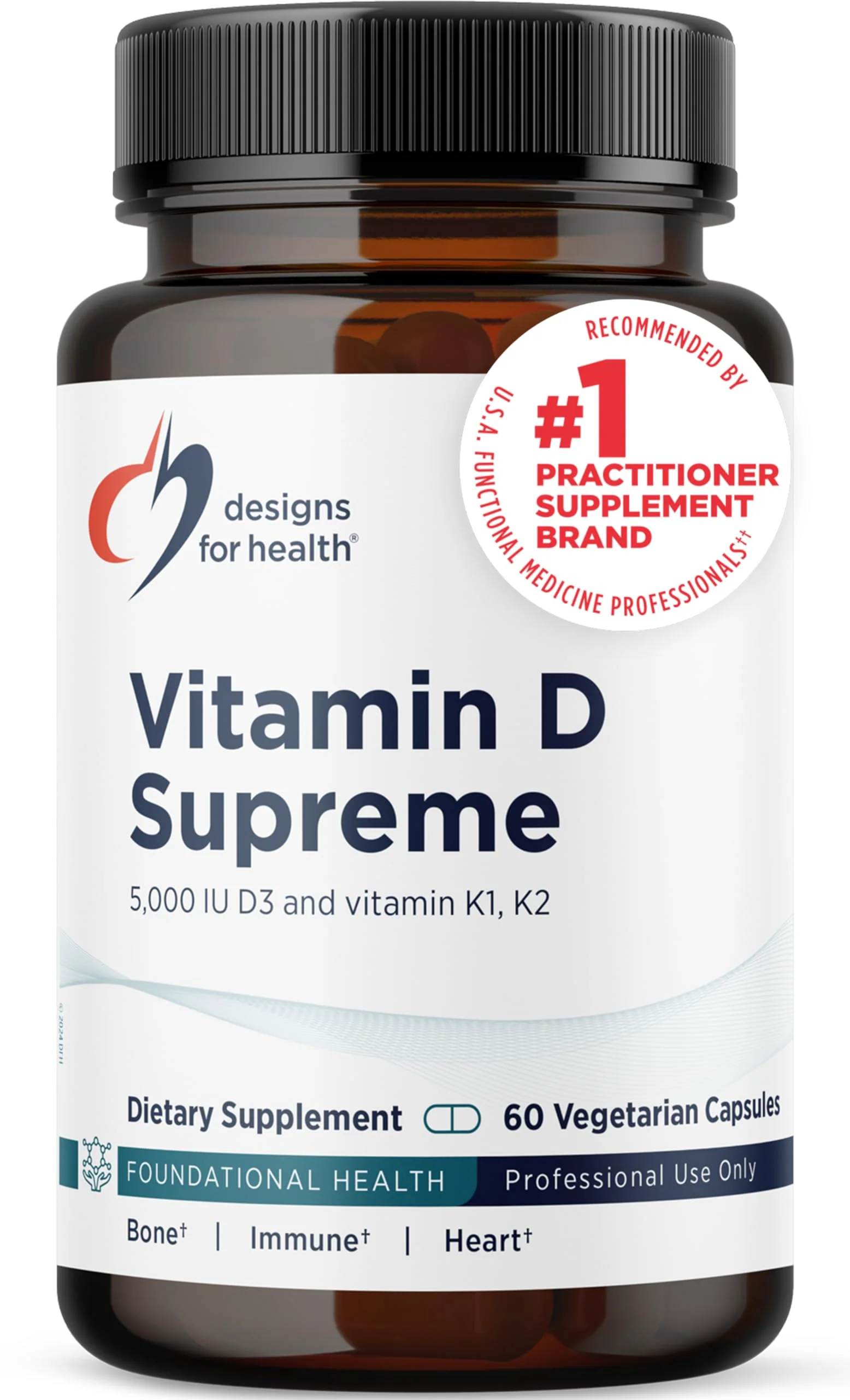 Designs for Health Vitamin D Supreme - Vitamin D 5000 IU with 2000mcg Vitamin K as MK4 for Bone Health, Heart Health, Mood & Immune Support - Vitamin D3 Enhanced with GG Supplement (60 Capsules)
