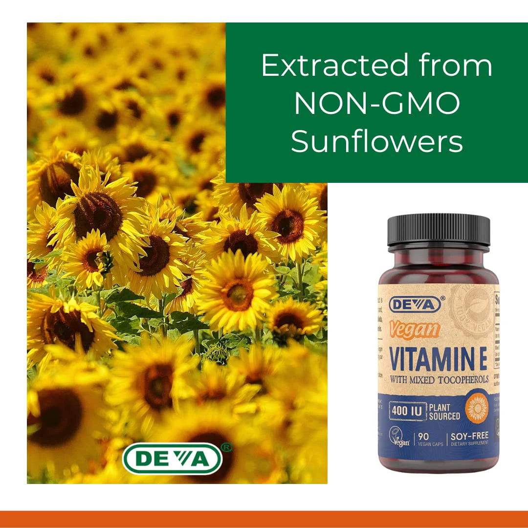 DEVA Vegan Vitamins Natural Vitamin E 400IU with Mixed Tocopherols, Supports Immune System & Skin Nutrition, Natural Antioxidant & Gluten Free, Dairy Free, Non-GMO, 90 Capsules - Image 3