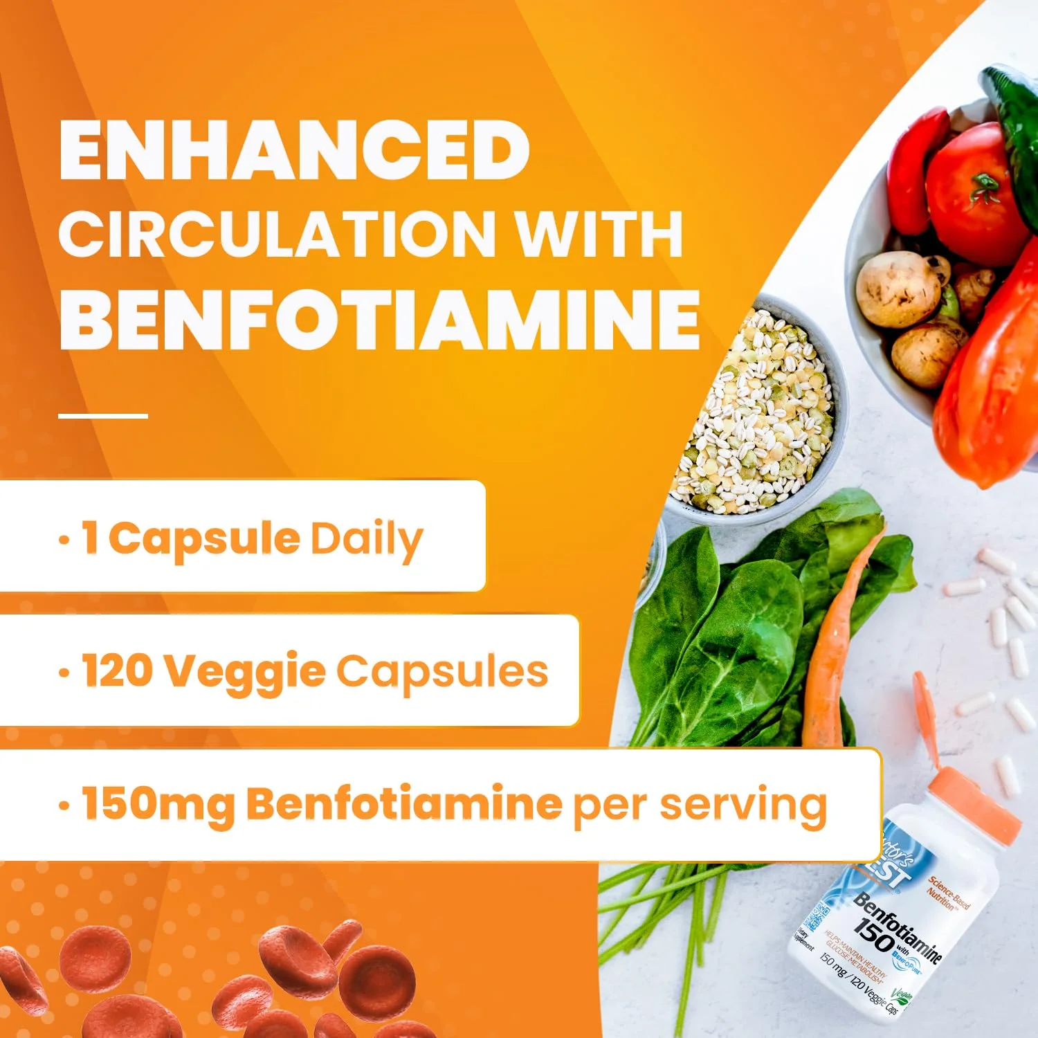 Doctor's BEST Benfotiamine 150mg Supplement - Bioavailable Vitamin B1 for Men & Women, Benfotiamine B1 Capsules, Supports Nerve & Metabolic Health, Antioxidant Support, Non GMO - 120 Veggie Caps - Image 2