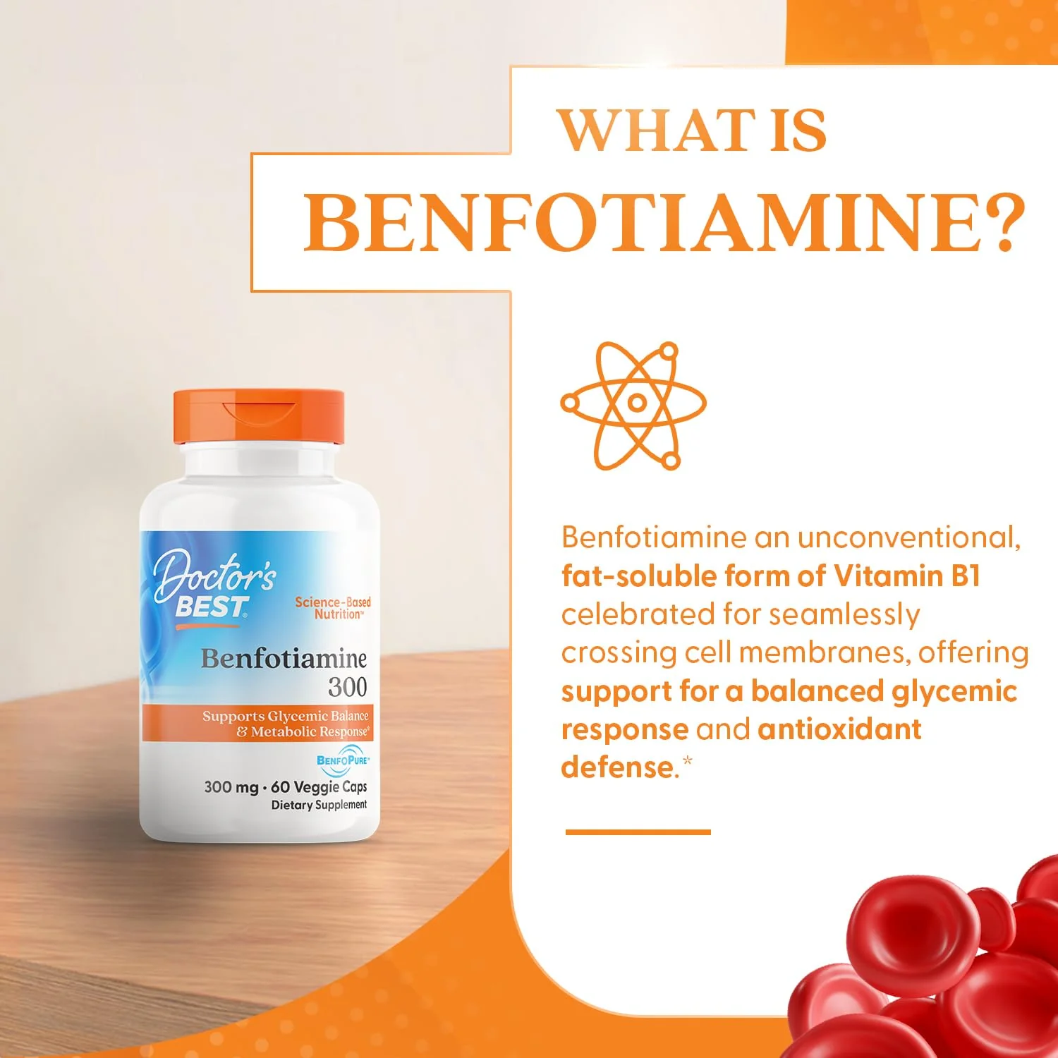 Doctor's Best Benfotiamine 300 with BenfoPure, Helps Maintain Healthy Glucose Metabolism, Non-GMO, Vegan, Gluten Free, Soy Free, 300 mg, 60 Veggie Caps - Image 2