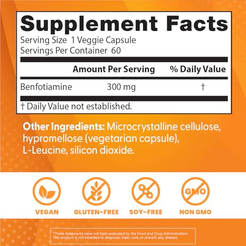 Doctor's Best Benfotiamine 300 with BenfoPure, Helps Maintain Healthy Glucose Metabolism, Non-GMO, Vegan, Gluten Free, Soy Free, 300 mg, 60 Veggie Caps - Image 6