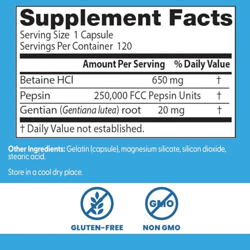 Doctor's Best Betaine HCI Pepsin & Gentian Bitters, Digestive Enzymes for Protein Breakdown & Absorption, Non-GMO, Gluten Free, 120 Caps, Original Version - Image 6