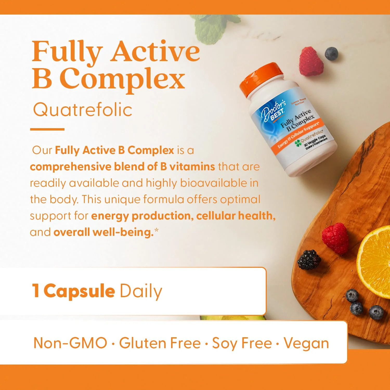 Doctor's Best Fully Active Vitamin B Complex Supplement for Men & Women - Super Complex with Methylated B12 & Folate, B6, Biotin, Pantothenic Acid, & More, Energy Support Caps - 30 Veggie Capsules - Image 5