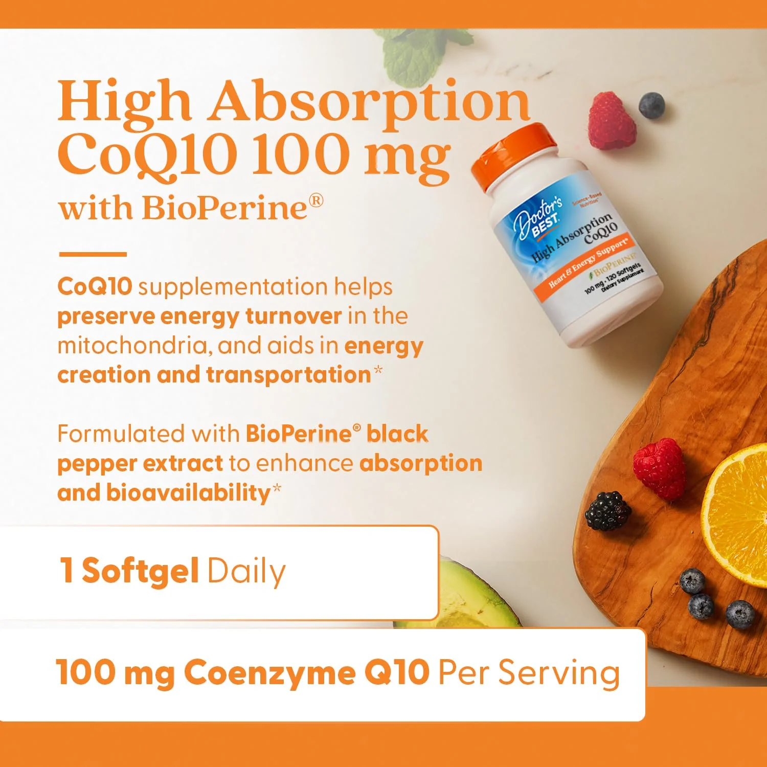 Doctor's Best High Absorption CoQ10 with BioPerine Supplement - Coenzyme Q10 Softgels for Heart Health & Antioxidant Support, Naturally Fermented CoQ10 100mg for Women & Men, Non GMO - 120 Softgels - Image 4