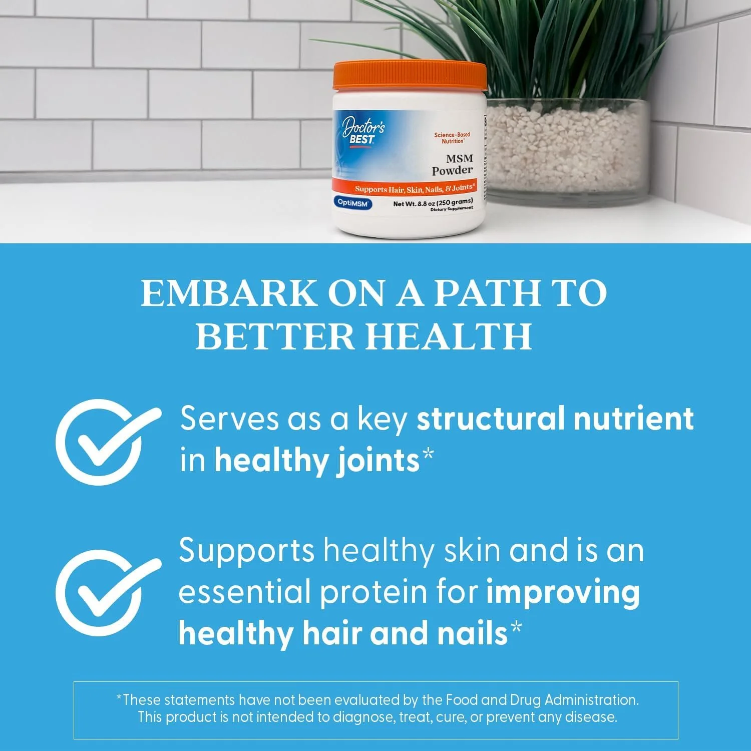Doctor's Best MSM Powder Supplement for Men & Women - Supports Hair, Skin, Nails, Joint Health, & Mobility, Delivers Beneficial Sulfur with OptiMSM, Gluten Free, Soy Free, Non GMO, Vegan - 8.8 oz - Image 4