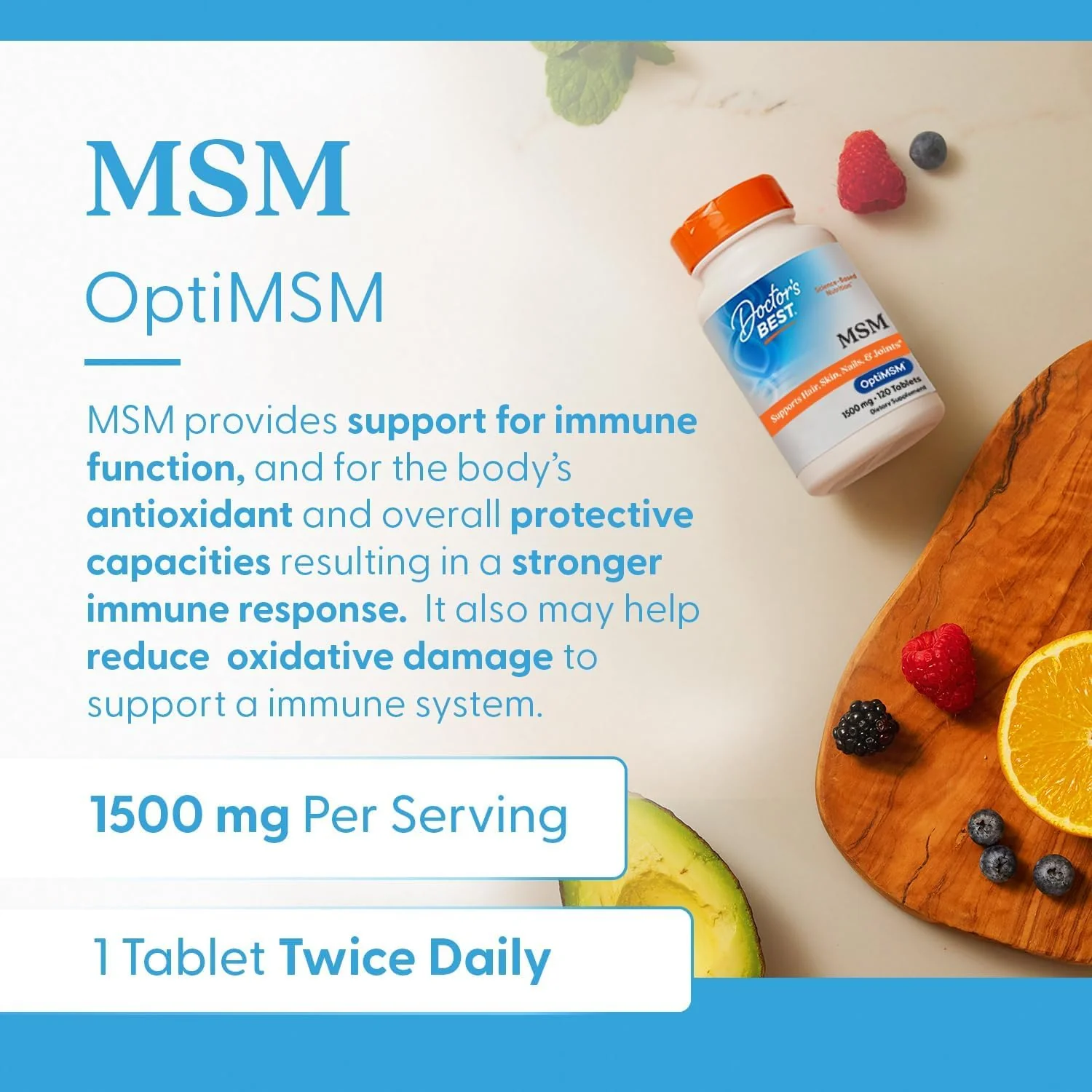 Doctor's Best MSM Supplement 1500mg for Men & Women - Supports Hair, Skin, Nails, Joint Health, & Mobility, Delivers Beneficial Sulfur with OptiMSM, Gluten Free, Non GMO, Vegan - 120 Tablets - Image 2