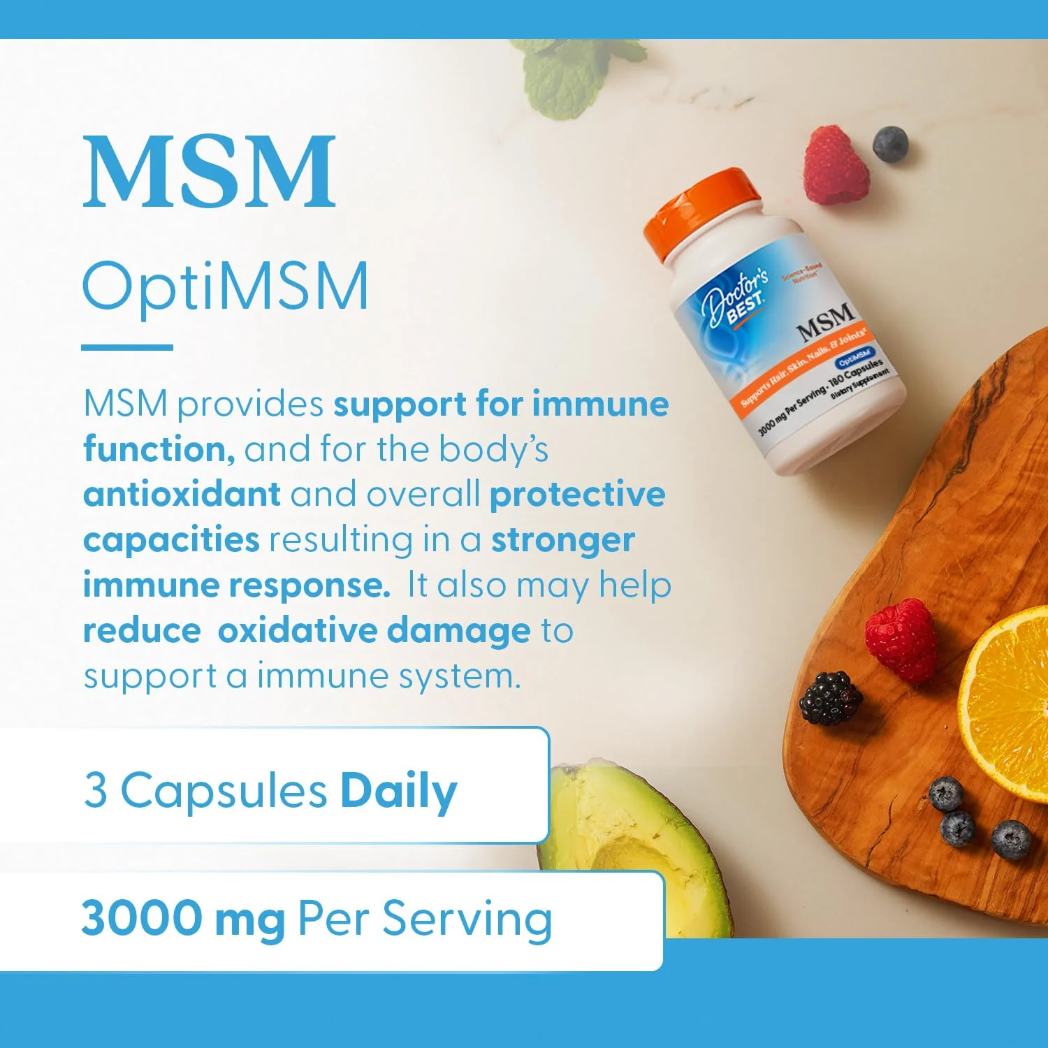 Doctor's Best MSM Supplement Capsules for Men & Women - Supports Hair, Skin, Nails, Joint Health & Mobility, 3000 mg Per Serving, Delivers Beneficial Sulfur w/OptiMSM, Gluten Free, Non GMO - 180 Caps - Image 3