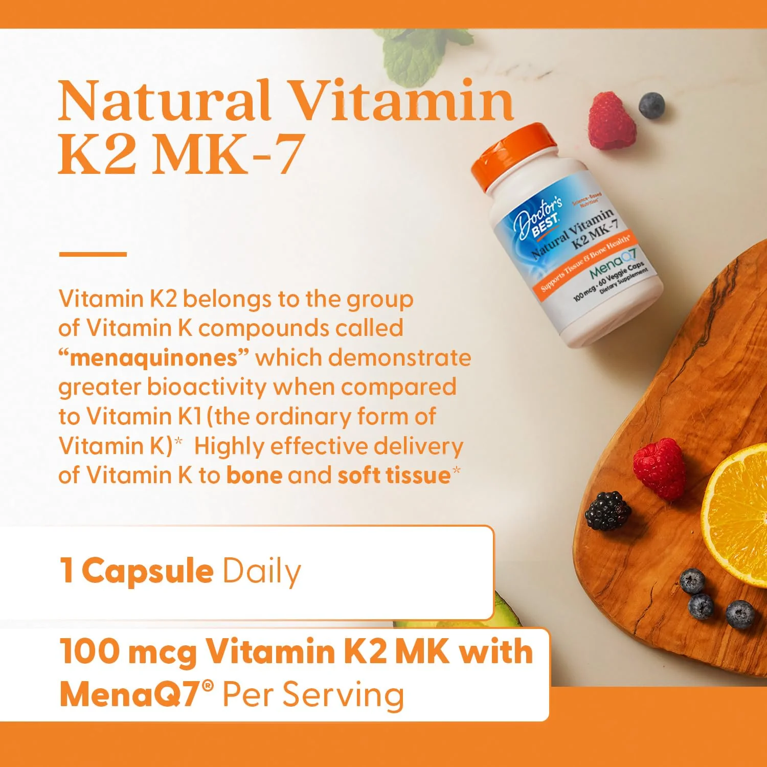 Doctor's Best Natural Vitamin K2 MK7 Supplement for Men & Women - Bone Health Support, 100 mcg Vitamin K-2 MK-7 Capsules with MenaQ7, Calcium Support, Non GMO, Vegan - 60 Veg Caps - Image 5