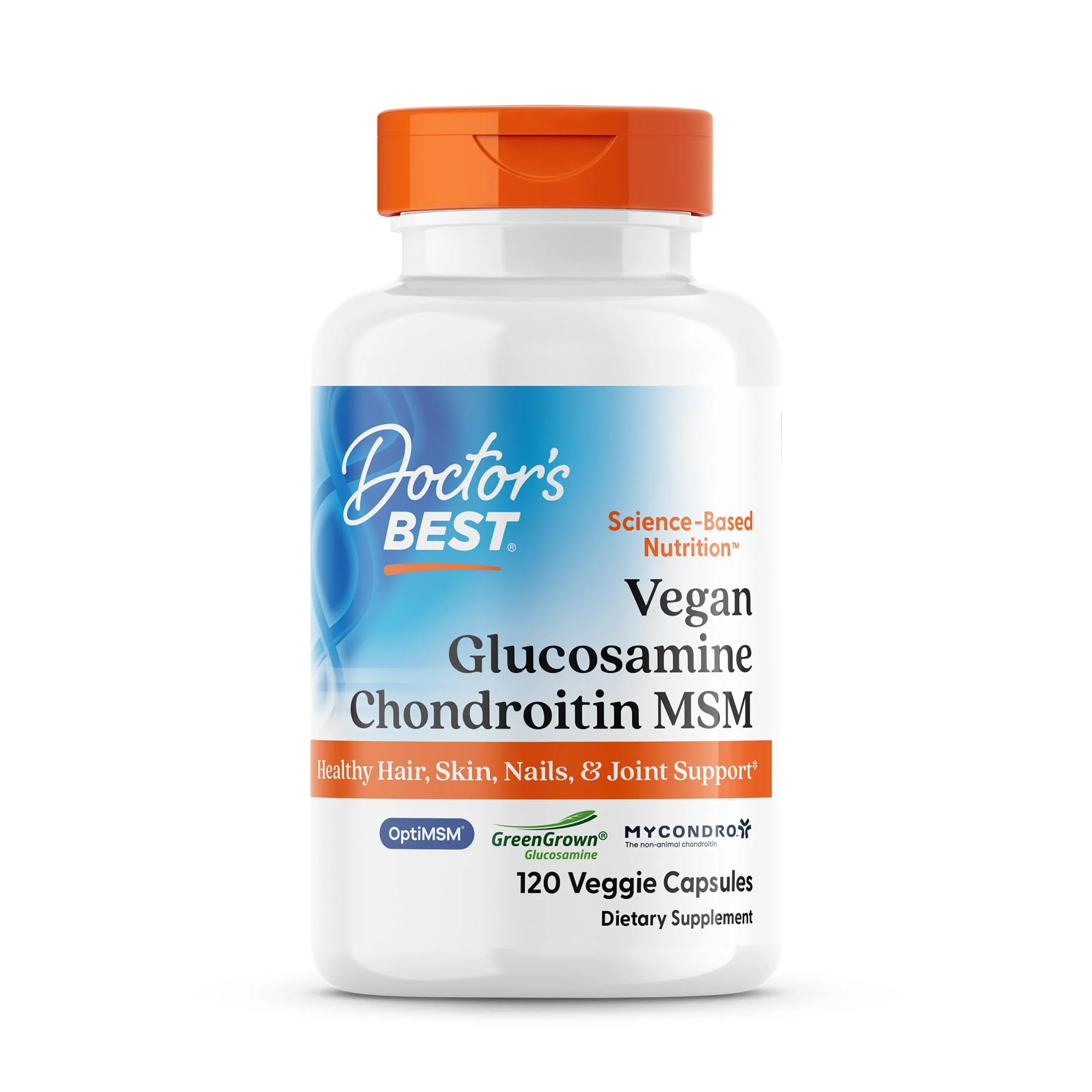 Doctor's Best Vegan Glucosamine Chondroitin MSM - Joint Health Support Supplement for Women & Men, Nutritional Support for Joint Strength, Hair, Skin, & Nails, Gluten Free, Non GMO - 120 Veg Capsules