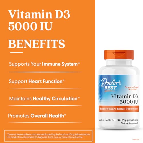 Doctors Best Vitamin D3 5000 IU, Supports Heart, Bones, & Immunity, Non-GMO, Gluten Free, Soy Free, Vegetarian 180 Veggie Softgels - Image 6