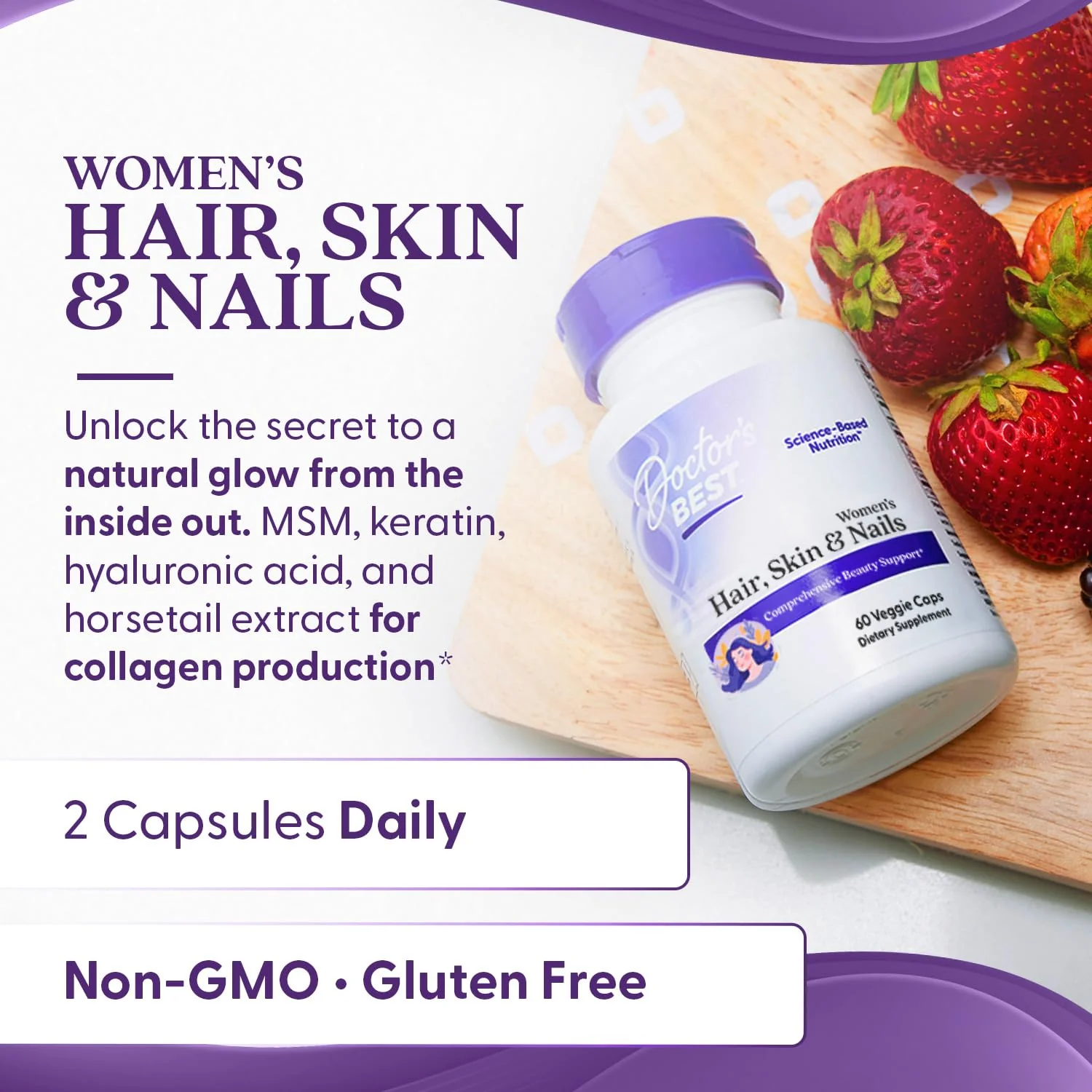 Doctors Best Womens Hair, Skin & Nails with OptiMSM + KeraGLO, Comprehensive Beauty Support, Non-GMO, Gluten Free 60 Veggie Caps - Image 5