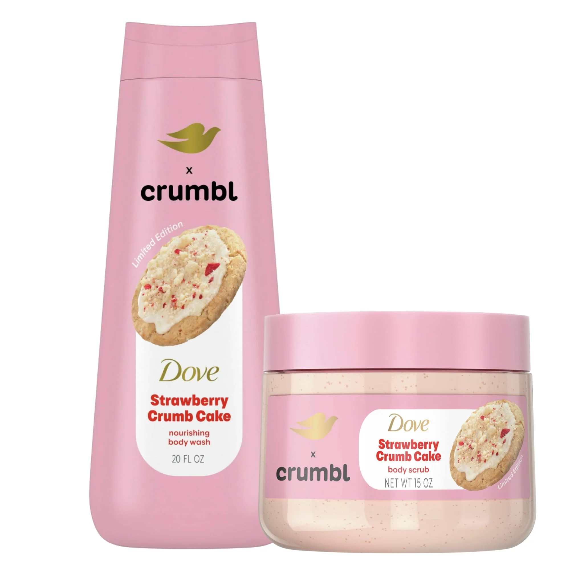 Dove Moisturizing Strawberry Crumb Cake Body Wash & Scrub Combo, 20oz Wash + 15oz Scrub, Limited Edition, Paraben & Sulfate Free, For Body, Improves Skin Texture, Moisturizes