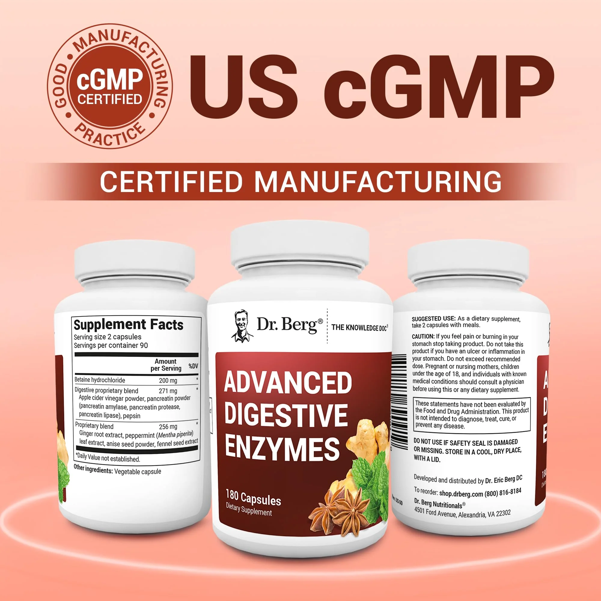 Dr. Berg Advanced Digestive Enzymes with Apple Cider Vinegar - Includes Digestive Health Ingredients Like Betaine Hydrochloride (HCI), Ginger Root & Peppermint Leaf - 180 Capsules - Image 6