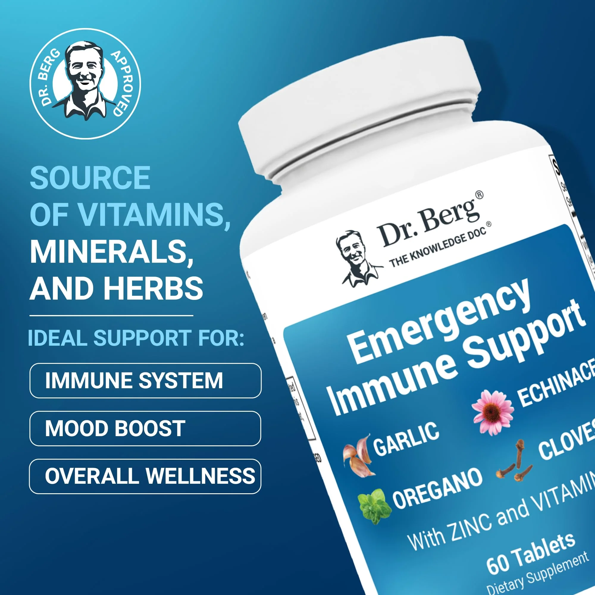 Dr. Berg Emergency Immune Support w/Echinacea - Potent Blend of Herbal Extracts (Warning: Strong Herbal Smells) - Immune Support Supplement Includes 2,000 IUs of Vitamin D & 10mg of Zinc - 60 Tablets - Image 9