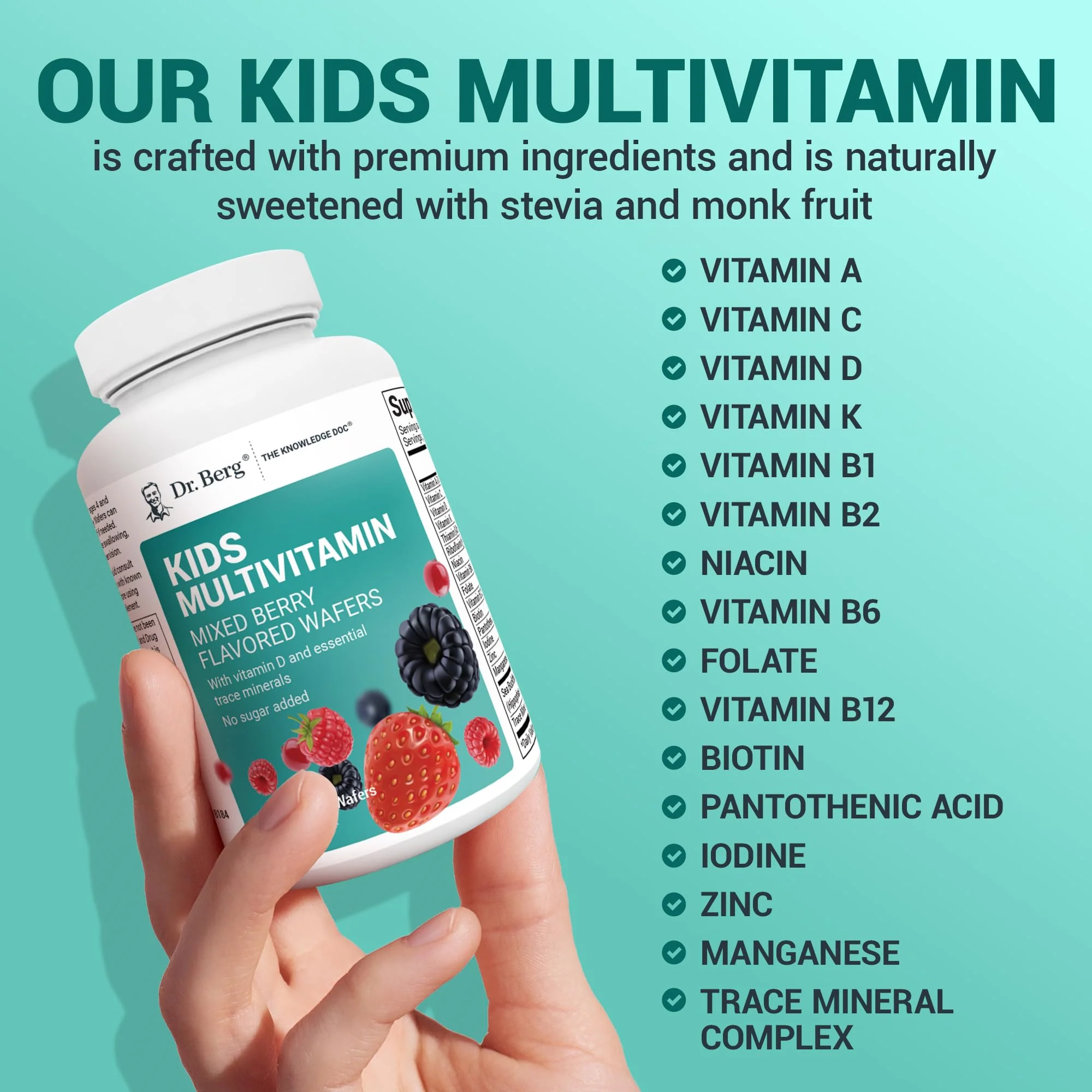 Dr. Berg Kids Chewable Multivitamins (NOT Sweetened w/Sugar) - Daily Multivitamin for Kids that Includes 20 Nutrients & Trace Mineral Complex - Mixed Berry Chewable Vitamins for Kid - Brown Wafers - Image 6