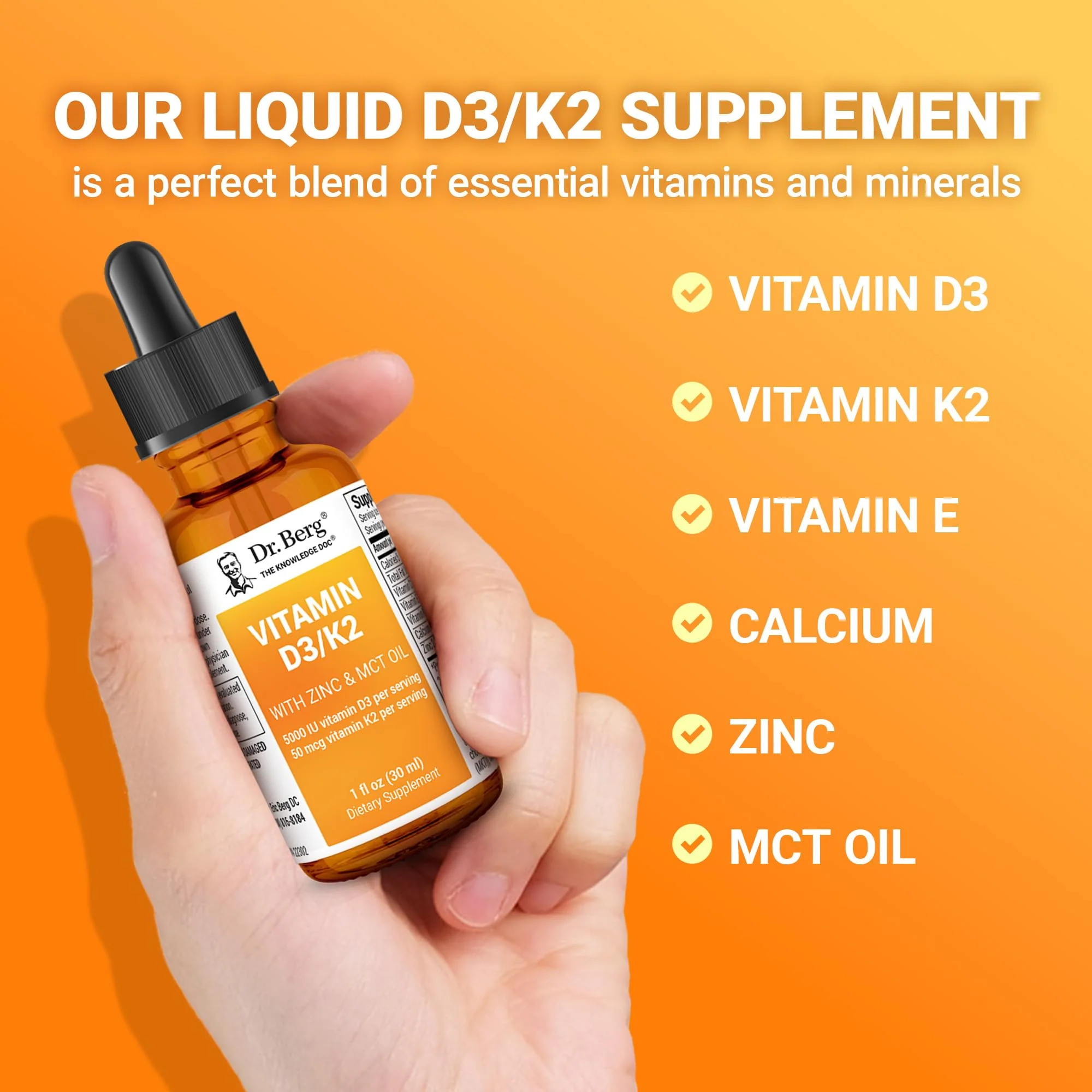 Dr. Berg Liquid Vitamin D3 & K2 Supplement with Zinc - for Bone, Teeth, Mood & Immune Health* - Vitamin D3 & K2 Drops for Adults - 1 fl oz - Image 5
