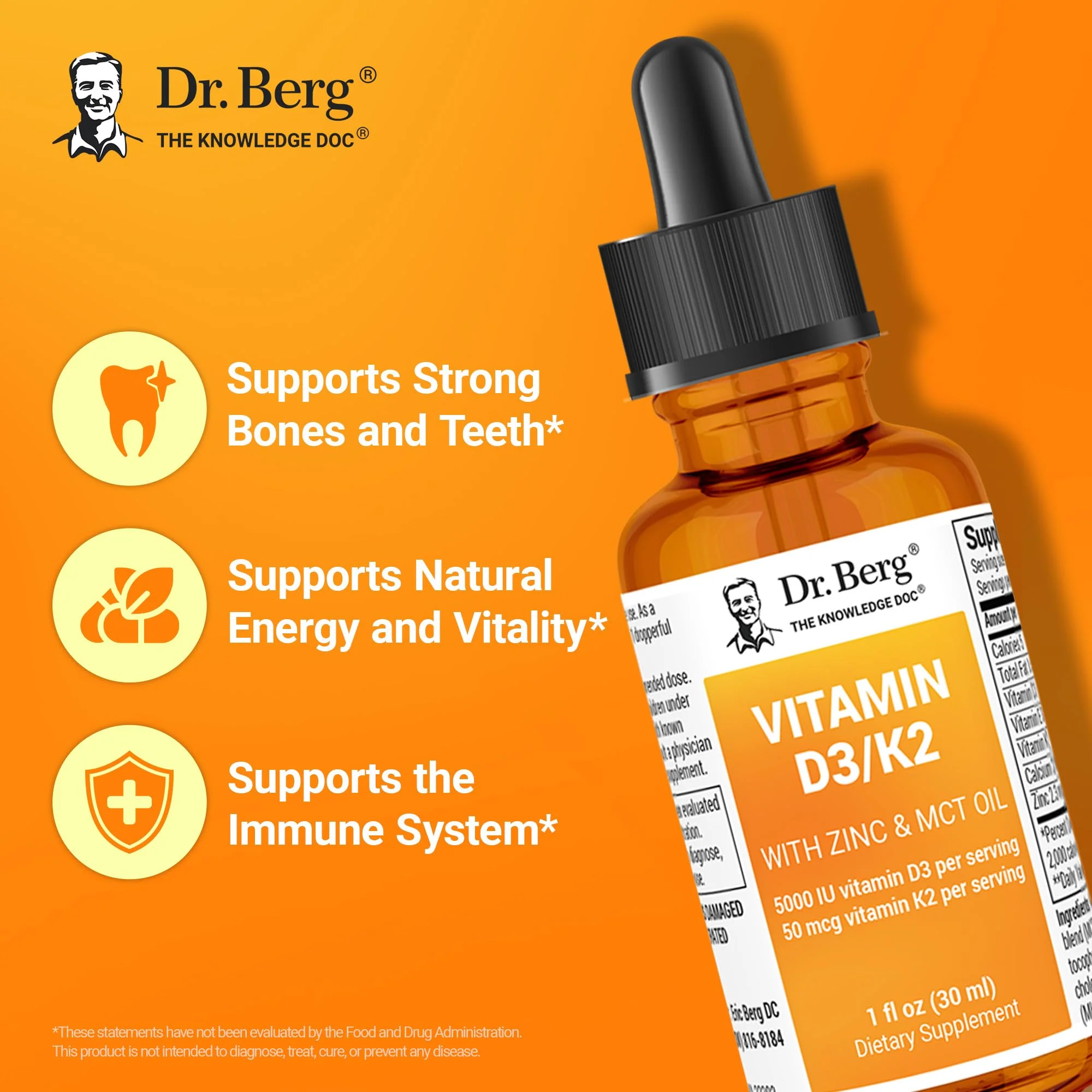 Dr. Berg Liquid Vitamin D3 & K2 Supplement with Zinc - for Bone, Teeth, Mood & Immune Health* - Vitamin D3 & K2 Drops for Adults - 1 fl oz - Image 8