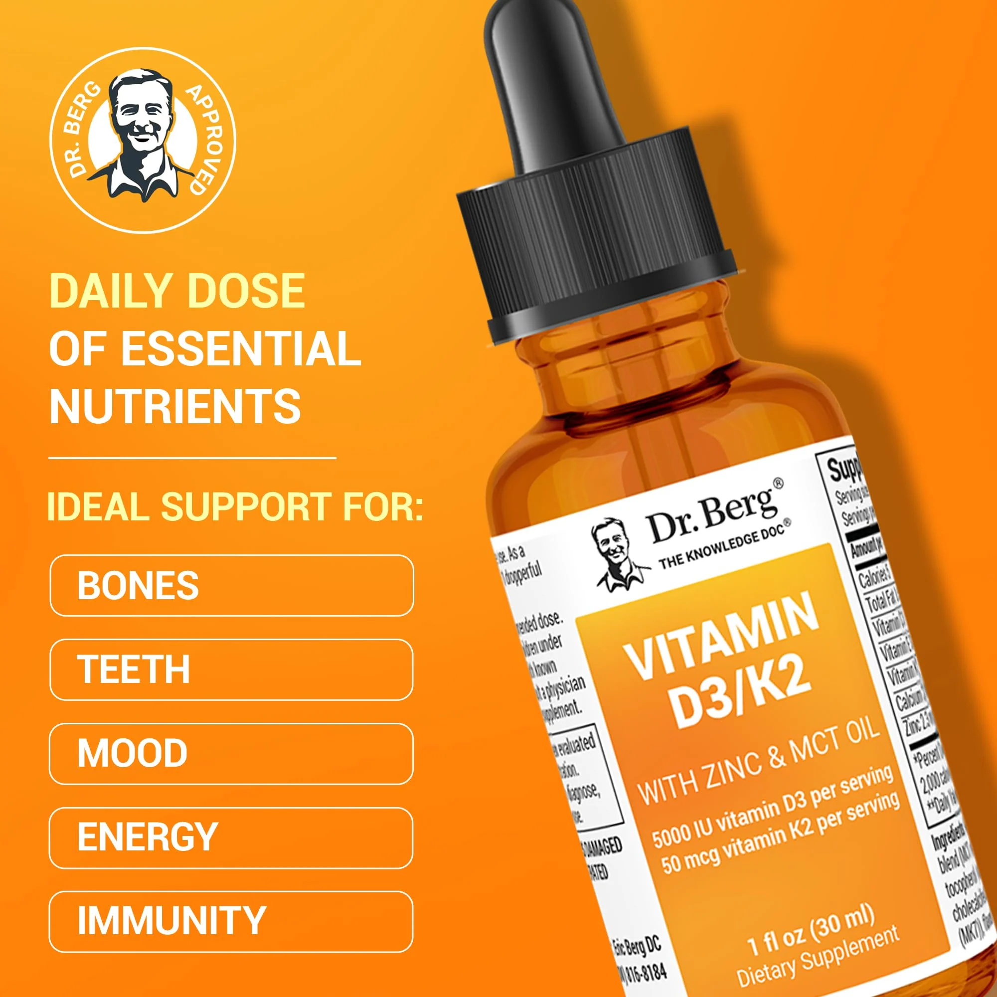 Dr. Berg Liquid Vitamin D3 & K2 Supplement with Zinc - for Bone, Teeth, Mood & Immune Health* - Vitamin D3 & K2 Drops for Adults - 1 fl oz - Image 9