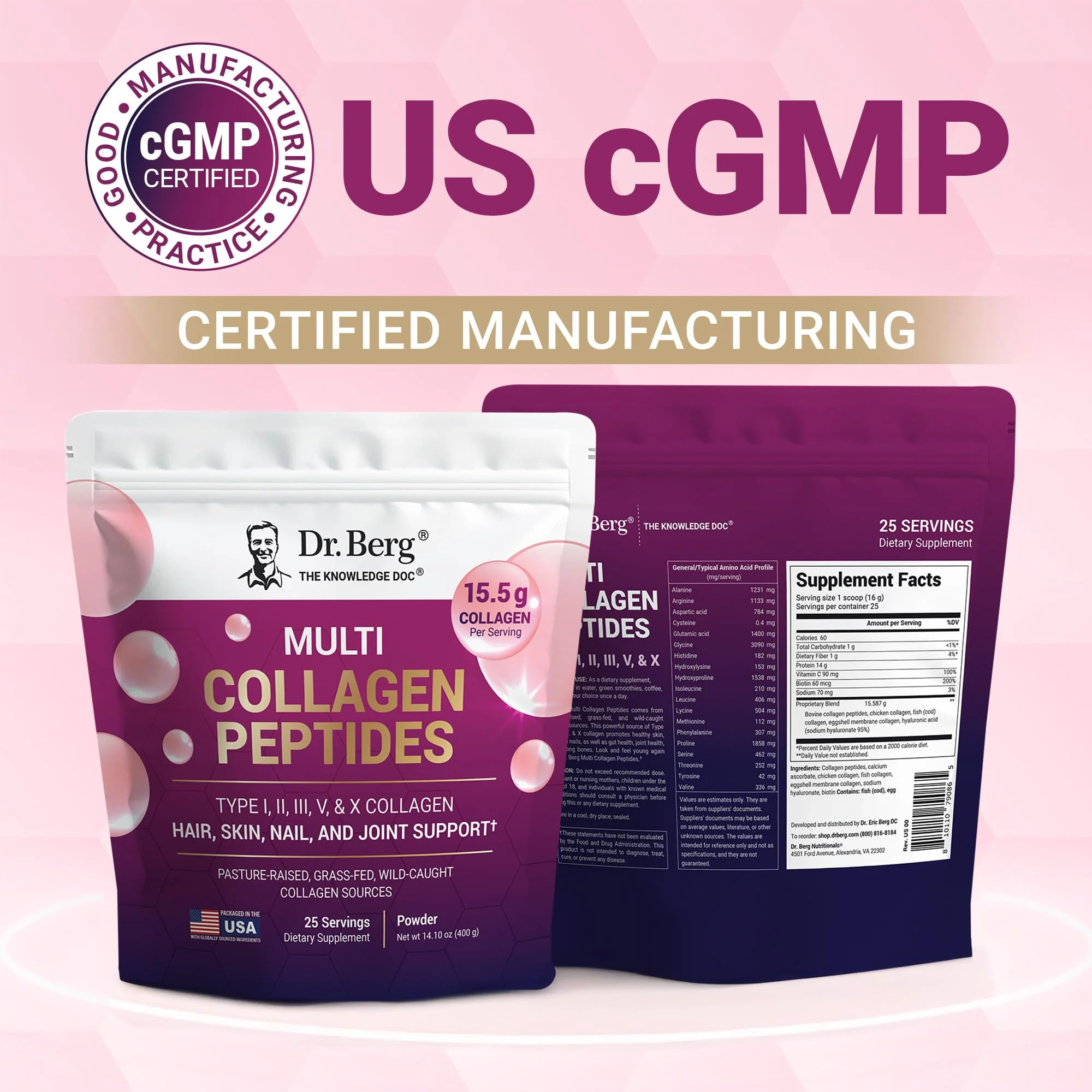 Dr. Berg Multi Collagen Peptides Powder Types I, II, III, V, X - Unflavored Collagen Powder w/ 14 g of Protein - Grass-Fed, Pasture-Raised & Wild-Caught Collagen Sources - 25 Servings - Image 6