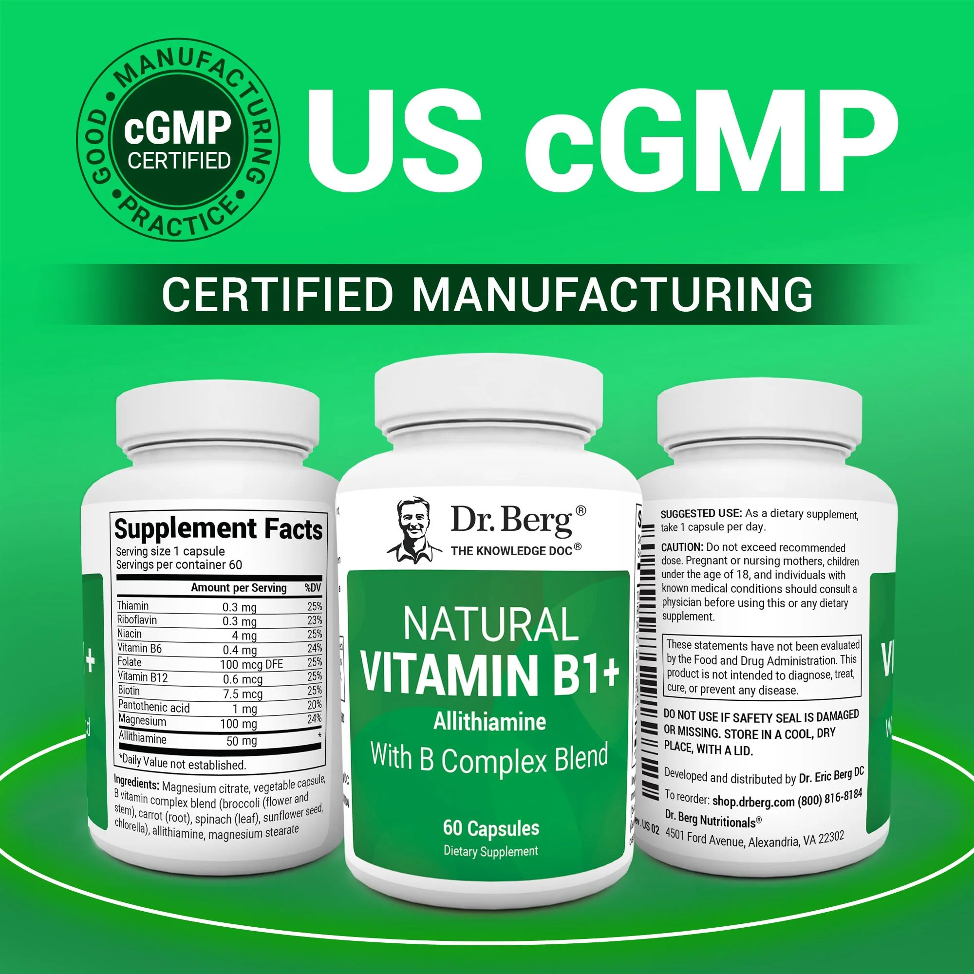 Dr. Berg Natural Vitamin B1 B6 B12 Complex - Allithiamine Vitamin B1 Supplement with 8 Essential Vitamin B Complex for Men & Women Including Thiamin, Niacin, Folate, Magnesium & More - 60 Capsules - Image 15