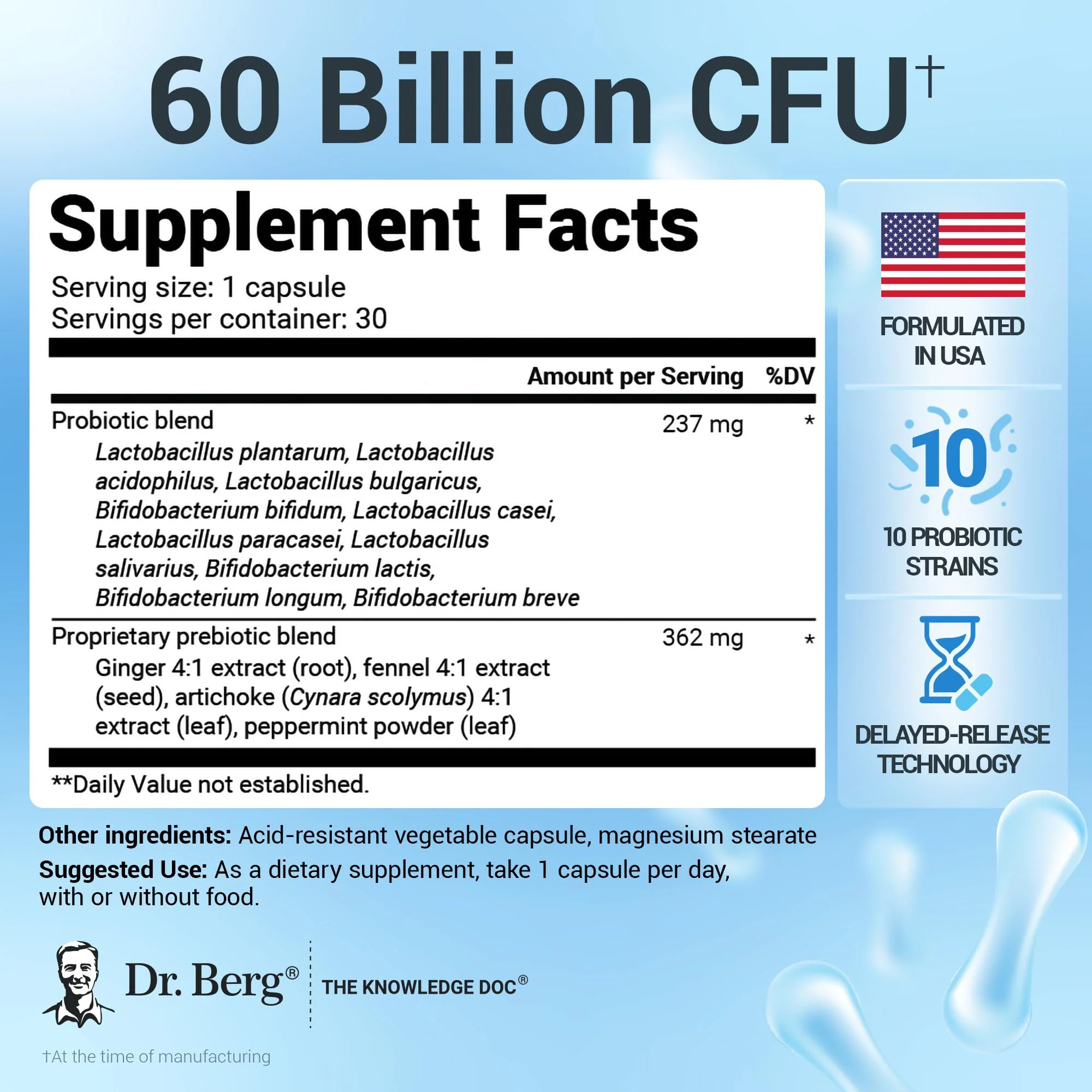 Dr. Berg Probiotic Supplement (60 Billion CFUs) - Helps Ease Occasional Constipation, Diarrhea, Gas & Bloating* - Pre and Probiotics for Digestive Health - 30 Probiotic Capsules - Image 9