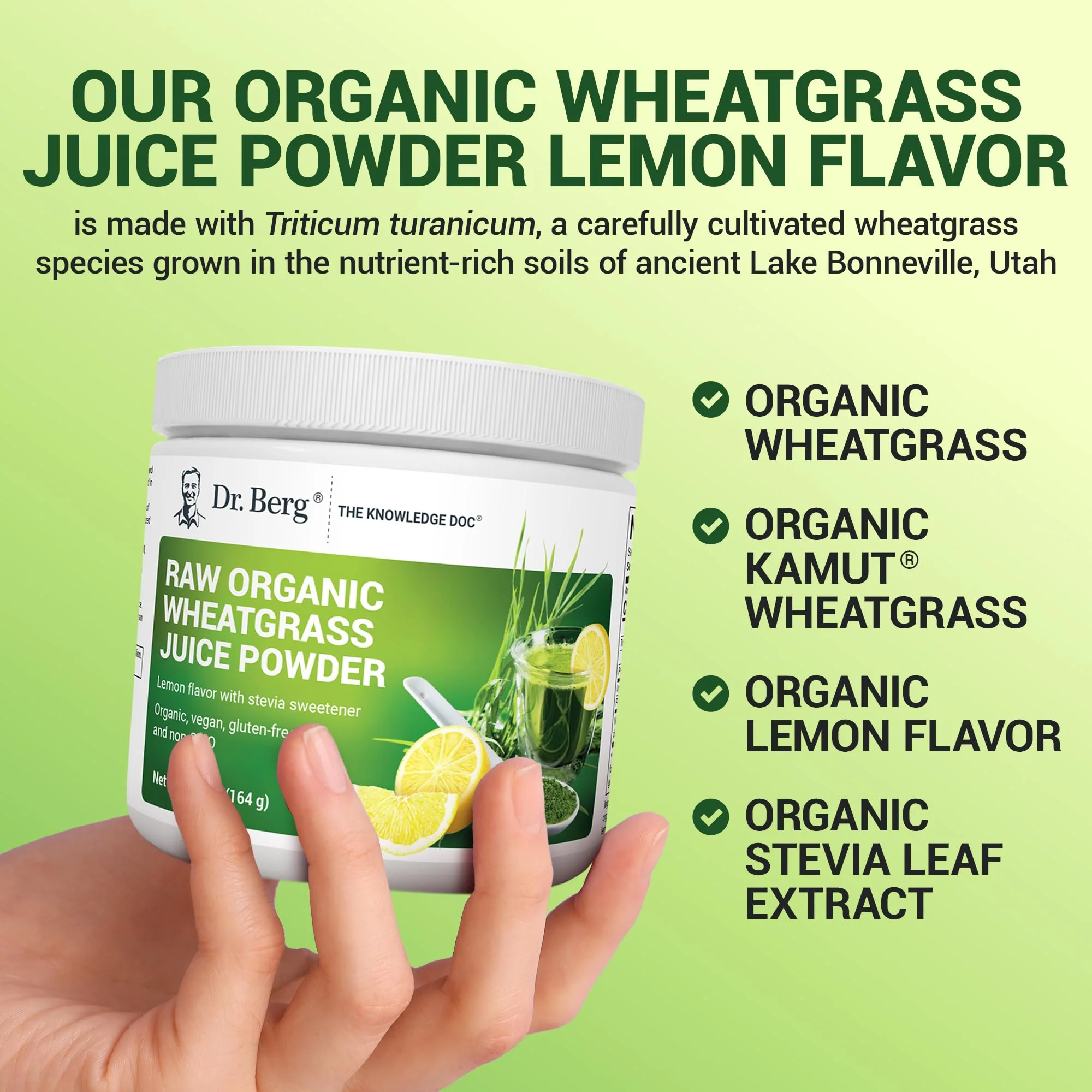 Dr. Berg USDA Certified Organic Green Powder Superfood (60 Servings) - Made with Raw Wheatgrass, Chlorophyll, Trace Minerals & Natural Enzymes - Non-GMO Green Superfood Powder - Lemon Flavor - Image 5