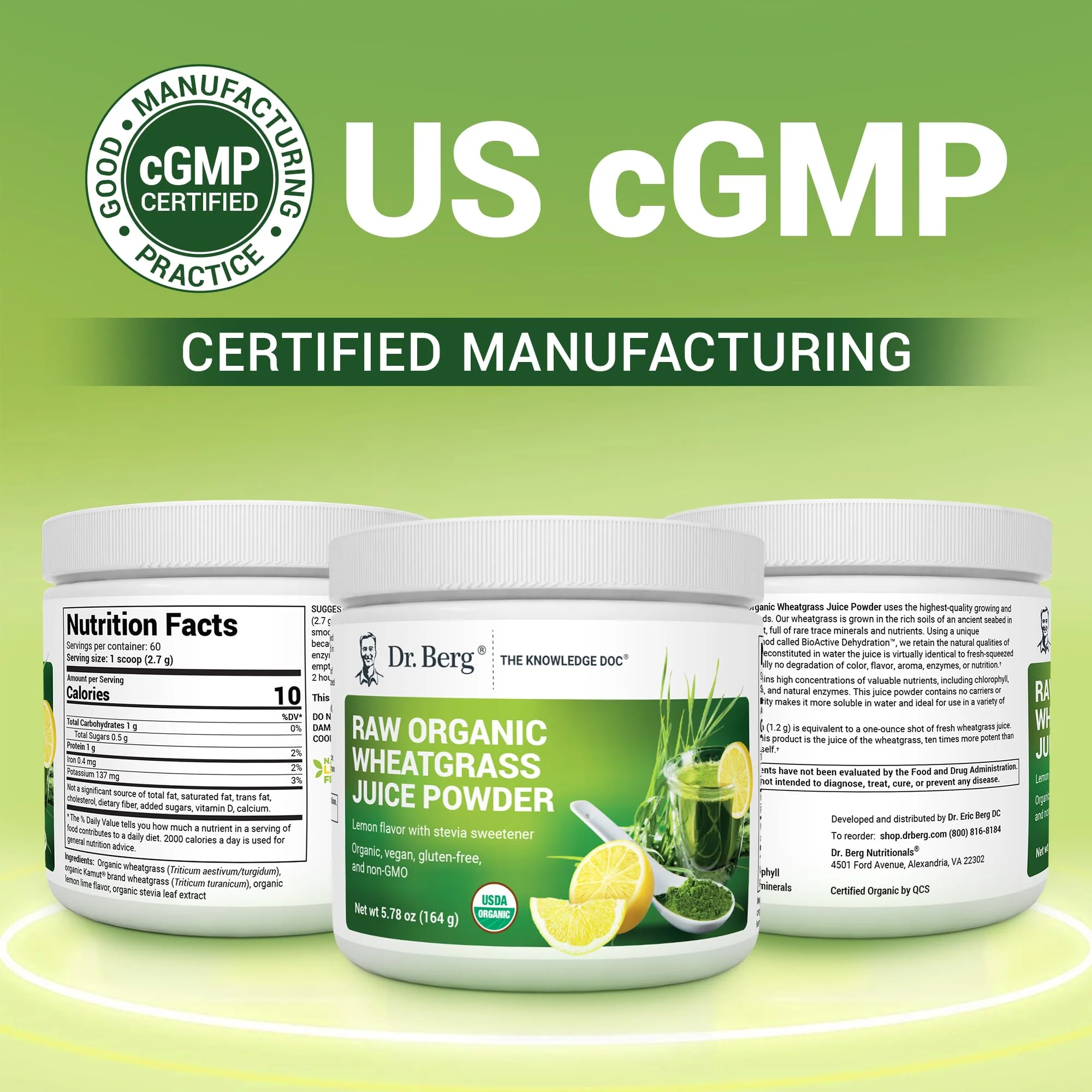 Dr. Berg USDA Certified Organic Green Powder Superfood (60 Servings) - Made with Raw Wheatgrass, Chlorophyll, Trace Minerals & Natural Enzymes - Non-GMO Green Superfood Powder - Lemon Flavor - Image 6