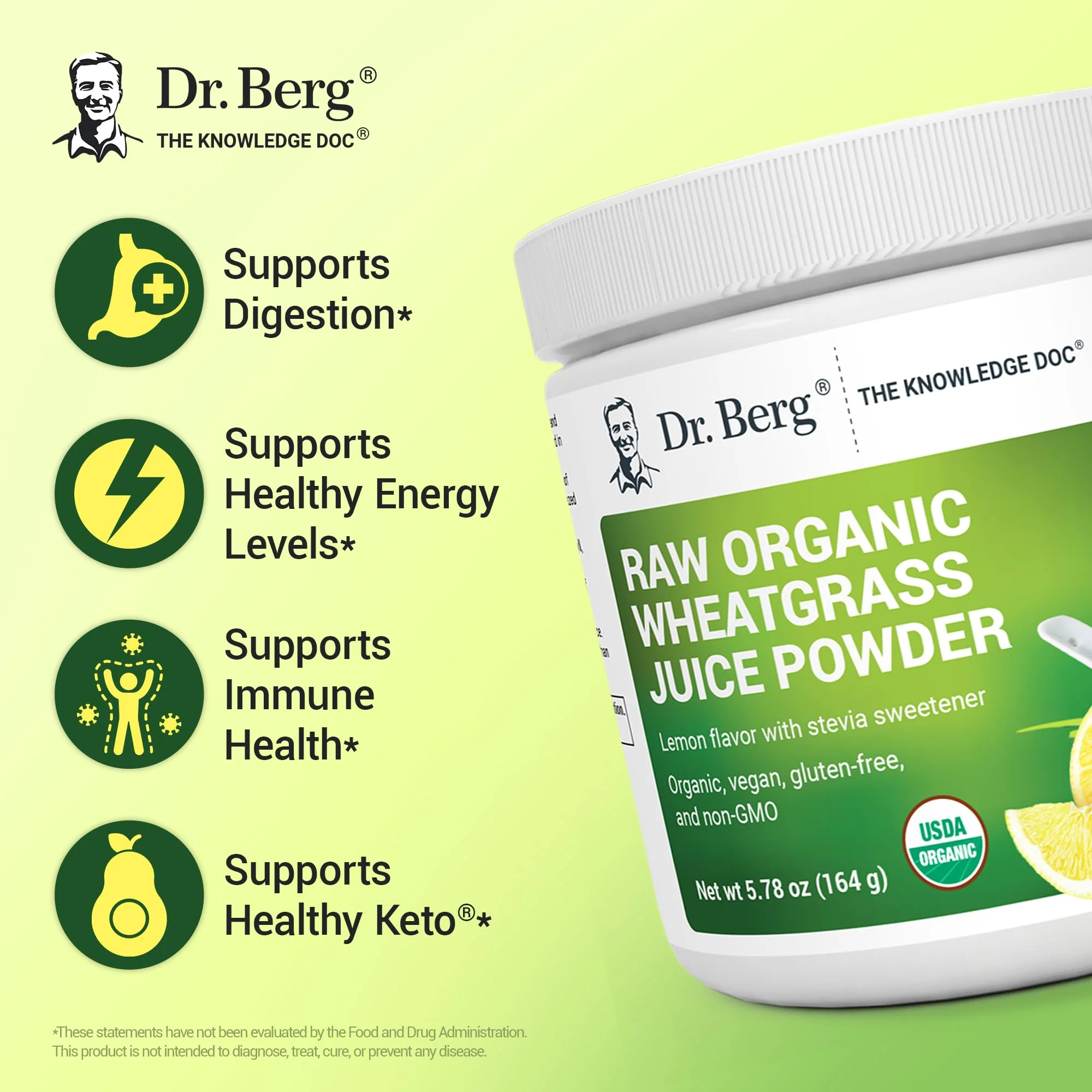 Dr. Berg USDA Certified Organic Green Powder Superfood (60 Servings) - Made with Raw Wheatgrass, Chlorophyll, Trace Minerals & Natural Enzymes - Non-GMO Green Superfood Powder - Lemon Flavor - Image 8