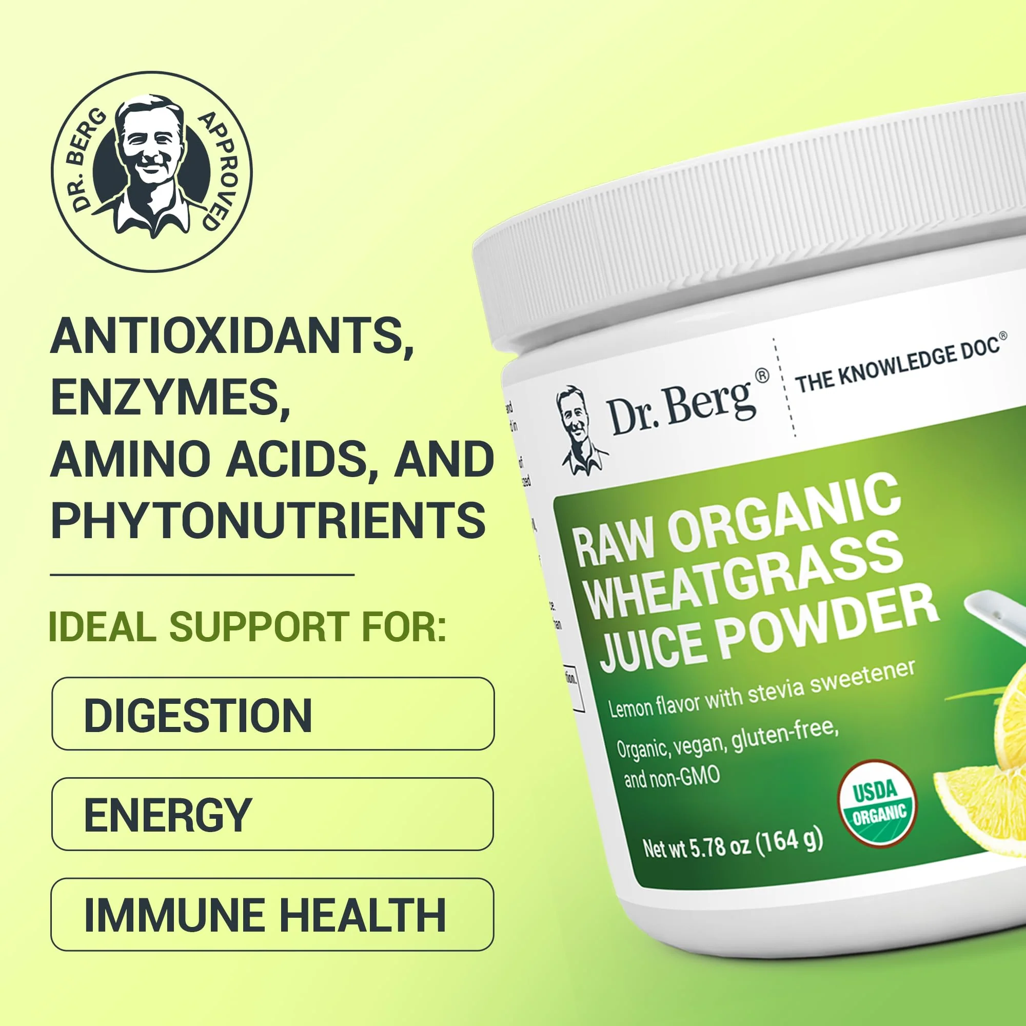 Dr. Berg USDA Certified Organic Green Powder Superfood (60 Servings) - Made with Raw Wheatgrass, Chlorophyll, Trace Minerals & Natural Enzymes - Non-GMO Green Superfood Powder - Lemon Flavor - Image 9