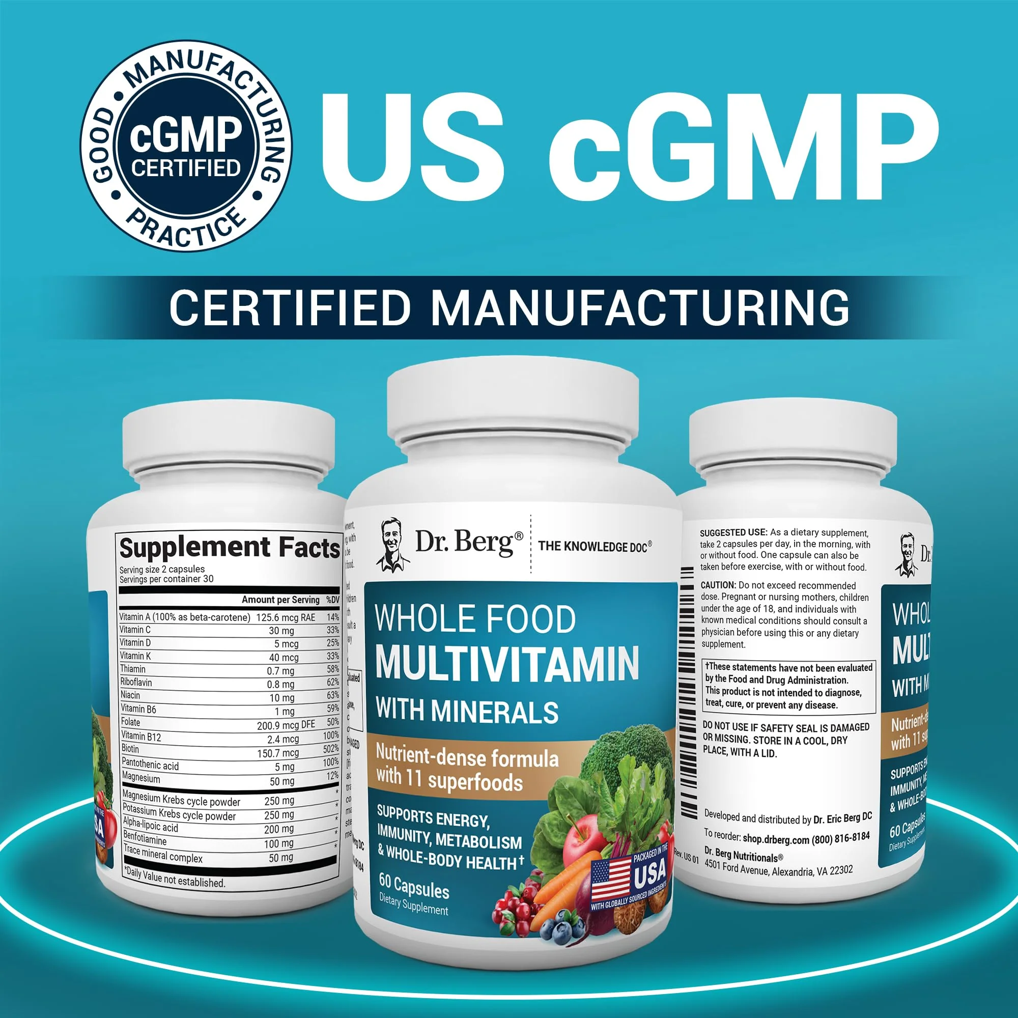 Dr. Berg Whole Food Multivitamin with Minerals - Daily Multivitamin for Men and Women - Includes Premium Whole Food Fruits and Vegetable Blend with Folate, Alpha-lipoic Acid and More - 60 Capsules - Image 5
