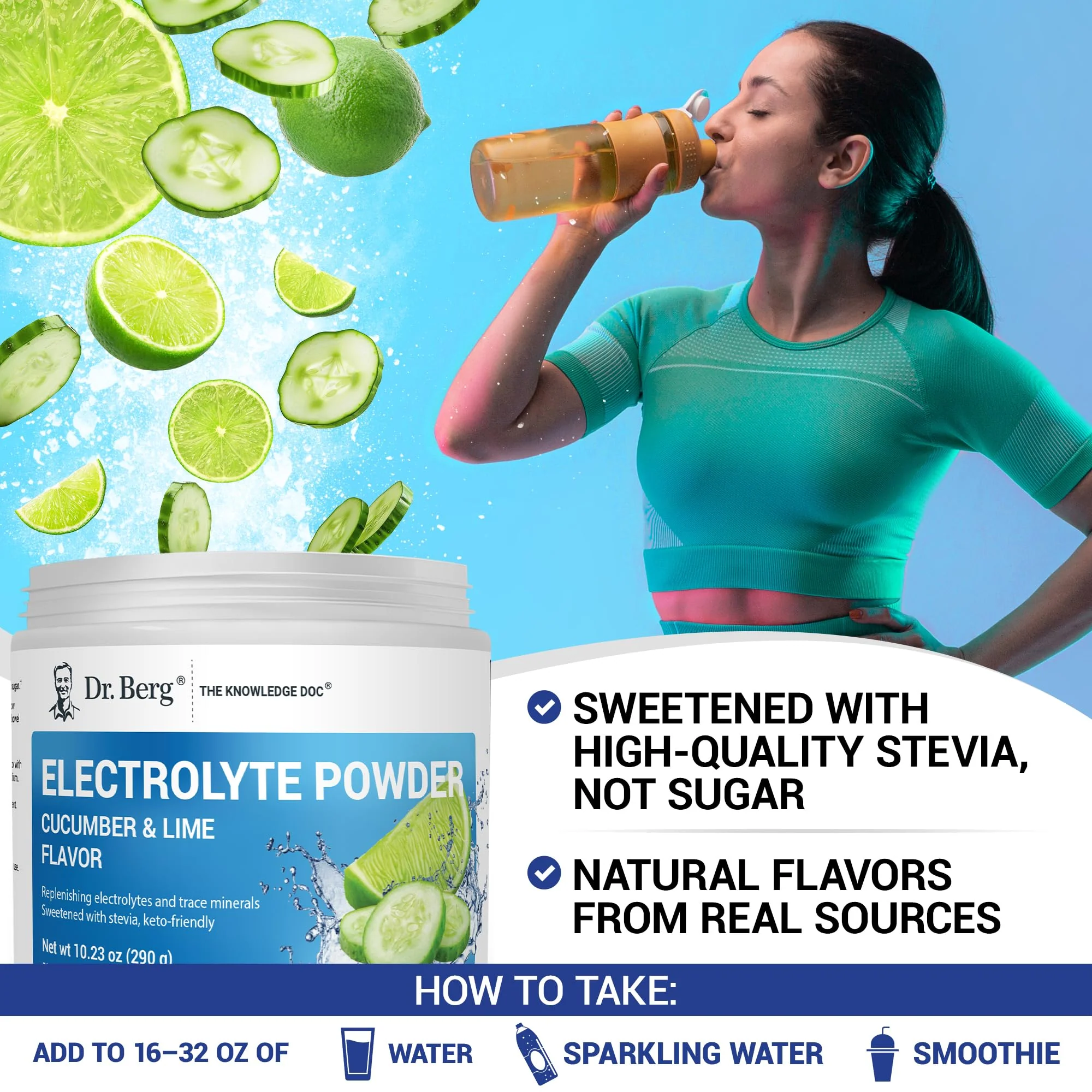 Dr. Berg Zero Sugar Hydration Keto Electrolyte Powder - Enhanced w/ 1000 mg of Potassium & Real Pink Himalayan Salt (NOT Table Salt) - Cucumber Lime Flavor Hydration Drink Mix Supplement - 50 Servings - Image 3