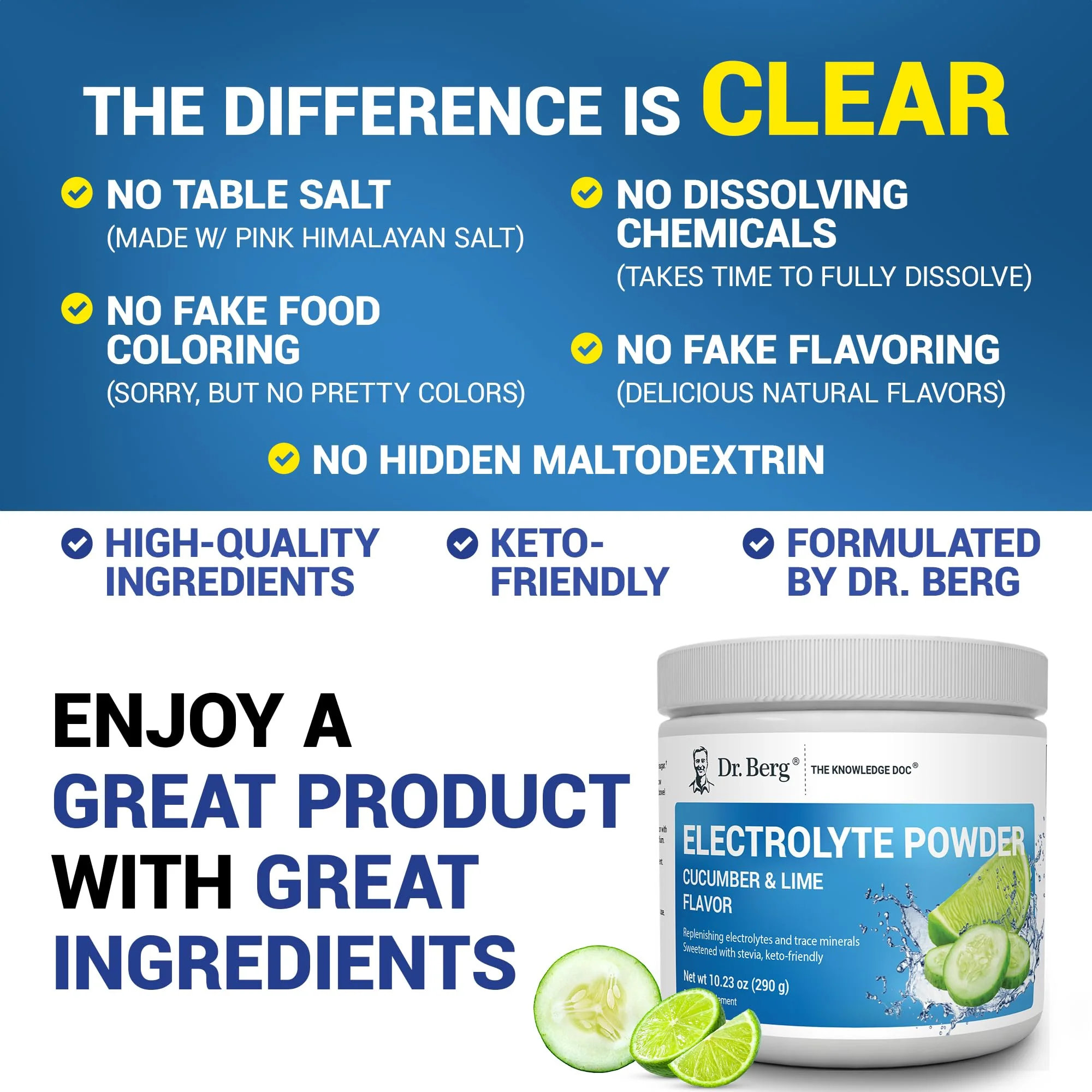 Dr. Berg Zero Sugar Hydration Keto Electrolyte Powder - Enhanced w/ 1000 mg of Potassium & Real Pink Himalayan Salt (NOT Table Salt) - Cucumber Lime Flavor Hydration Drink Mix Supplement - 50 Servings - Image 4
