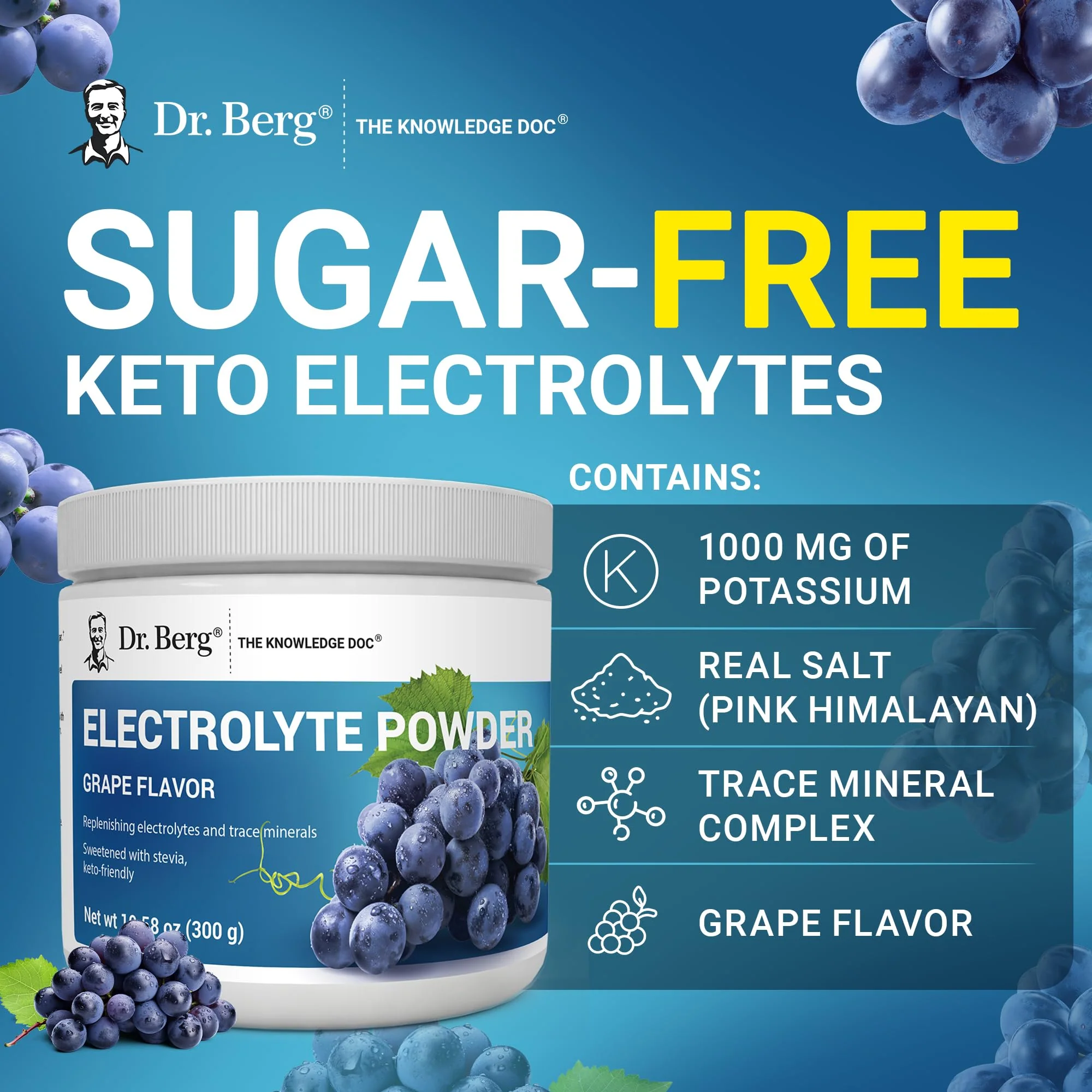 Dr. Berg Zero Sugar Hydration Keto Electrolyte Powder - Enhanced w/ 1000 mg of Potassium & Real Pink Himalayan Salt (NOT Table Salt) - Grape Flavor Hydration Drink Mix Supplement - 50 Servings - Image 2