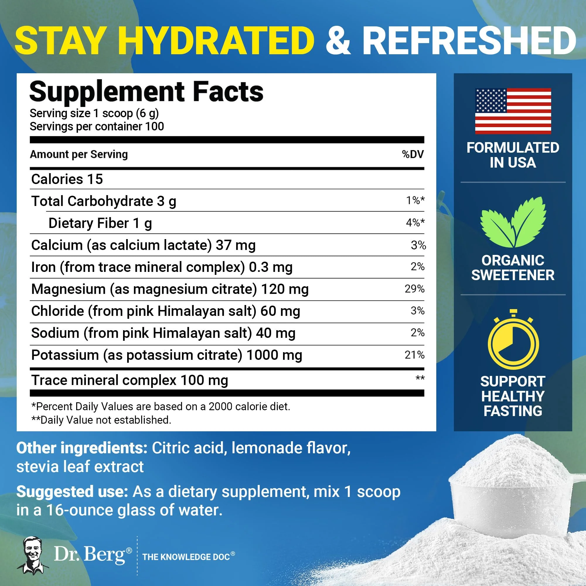 Dr. Berg Zero Sugar Hydration Keto Electrolyte Powder - Enhanced w/ 1000 mg of Potassium & Real Pink Himalayan Salt (NOT Table Salt) - Lemonade Flavor Hydration Drink Mix Supplement - 100 Servings - Image 6