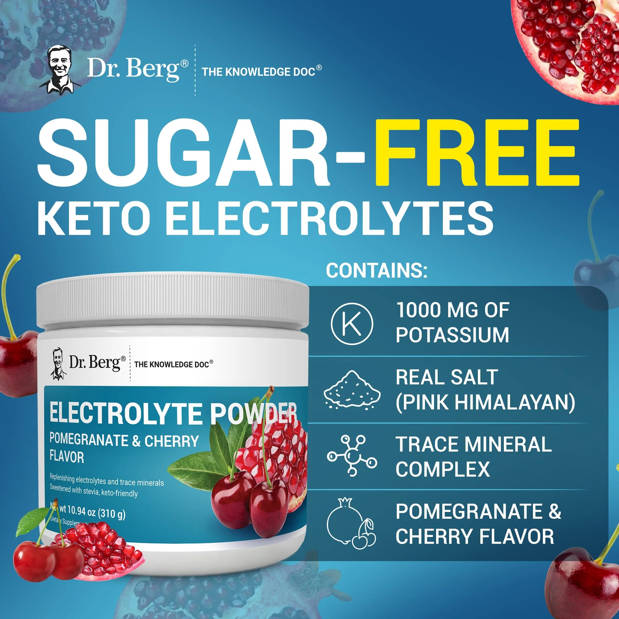 Dr. Berg Zero Sugar Hydration Keto Electrolyte Powder - Enhanced w/ 1000 mg of Potassium & Real Pink Himalayan Salt (NOT Table Salt) - Pomegranate and Cherry Hydration Drink Supplement - 50 Servings - Image 2