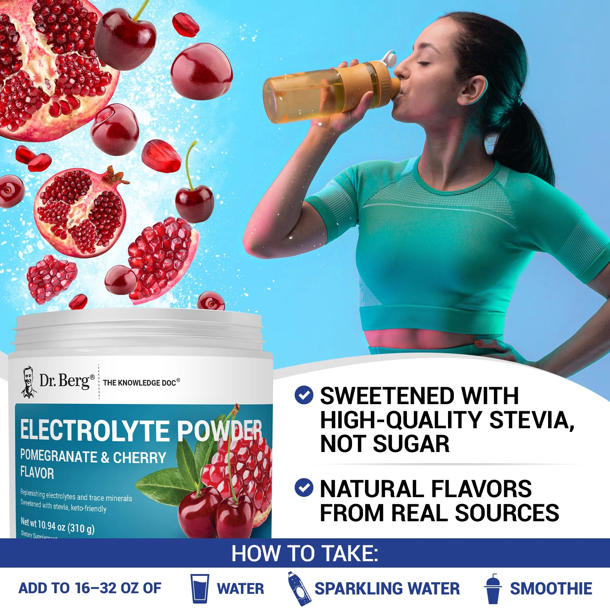 Dr. Berg Zero Sugar Hydration Keto Electrolyte Powder - Enhanced w/ 1000 mg of Potassium & Real Pink Himalayan Salt (NOT Table Salt) - Pomegranate and Cherry Hydration Drink Supplement - 50 Servings - Image 3