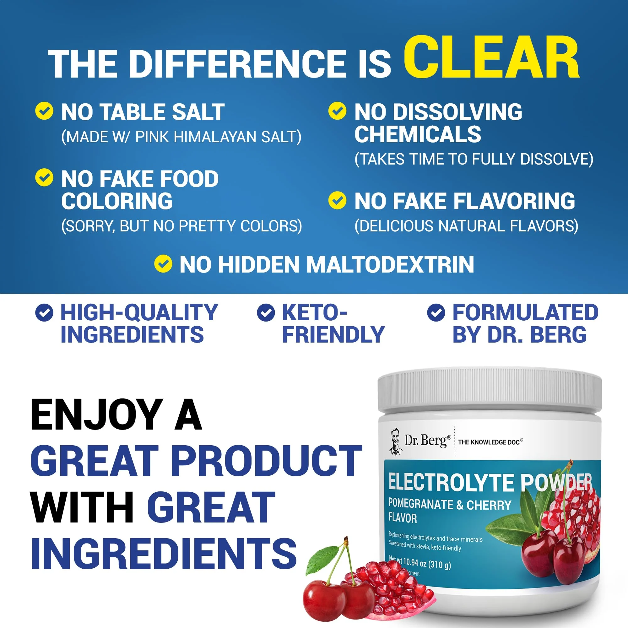 Dr. Berg Zero Sugar Hydration Keto Electrolyte Powder - Enhanced w/ 1000 mg of Potassium & Real Pink Himalayan Salt (NOT Table Salt) - Pomegranate and Cherry Hydration Drink Supplement - 50 Servings - Image 4