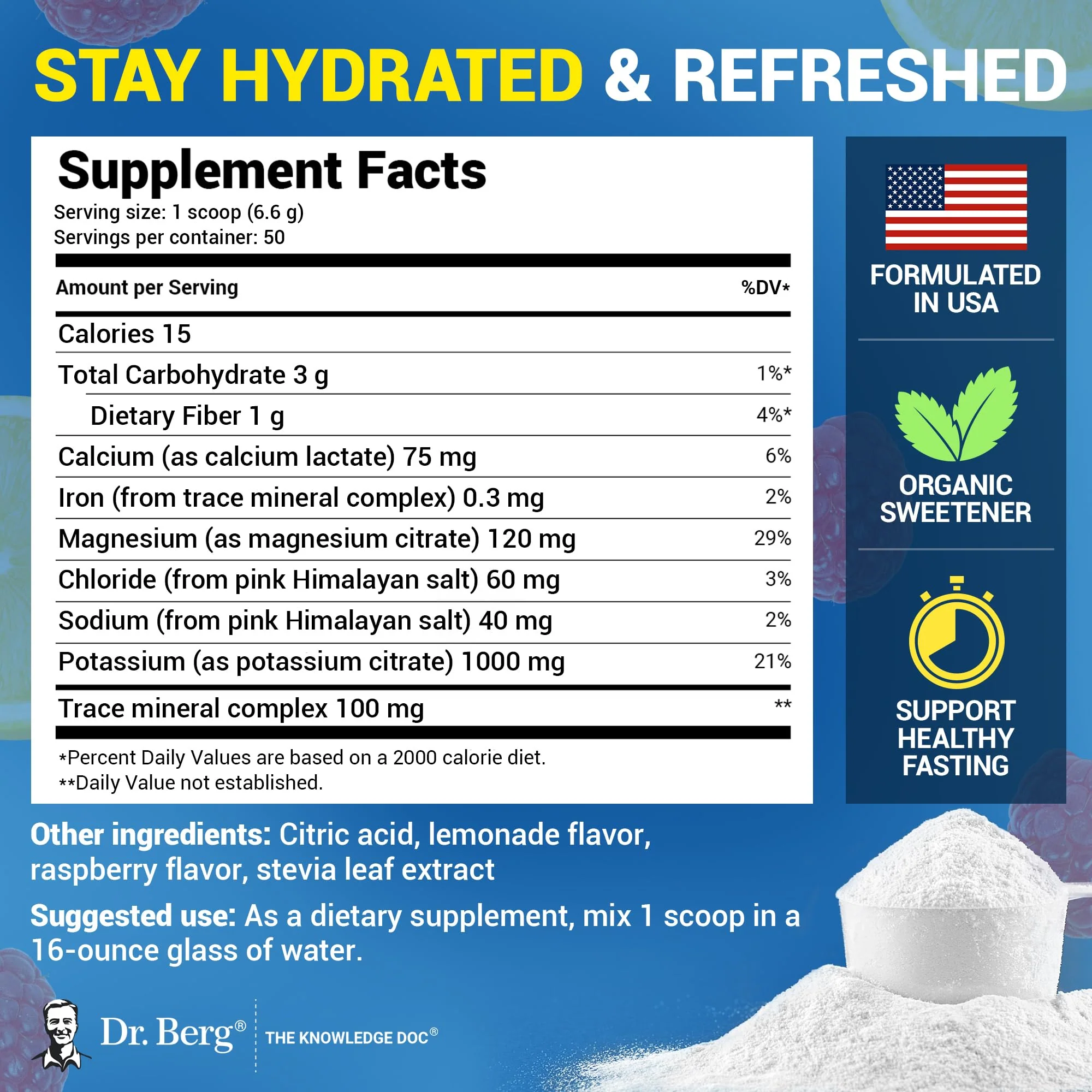 Dr. Berg Zero Sugar Hydration Keto Electrolyte Powder - Enhanced w/ 1000 mg of Potassium & Real Pink Himalayan Salt (NOT Table Salt) - Raspberry & Lemon Hydration Drink Supplement - 50 Servings 3 Pack - Image 6