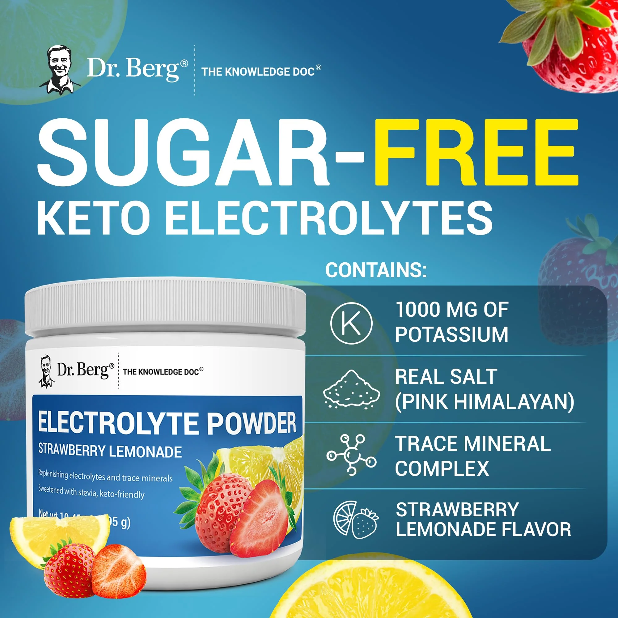 Dr. Berg Zero Sugar Hydration Keto Electrolyte Powder - Enhanced w/ 1000 mg of Potassium & Real Pink Himalayan Salt (NOT Table Salt) - Strawberry Lemonade Hydration Drink Supplement - 50 Servings - Image 2