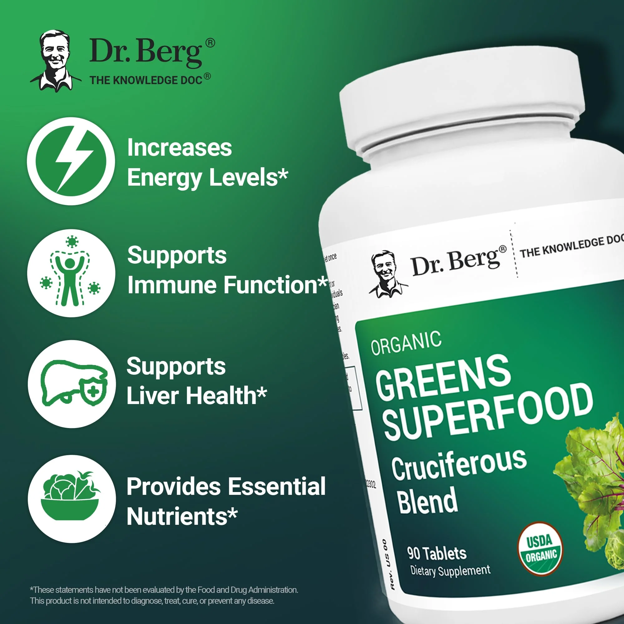Dr. Berg's Greens Superfood Cruciferous Vegetable Tablets - Vegetable Supplements for Adults w/ 11 Phytonutrient Super Greens - Energy, Immune System & Liver Veggie Tablets - 90 Tablet - Image 8