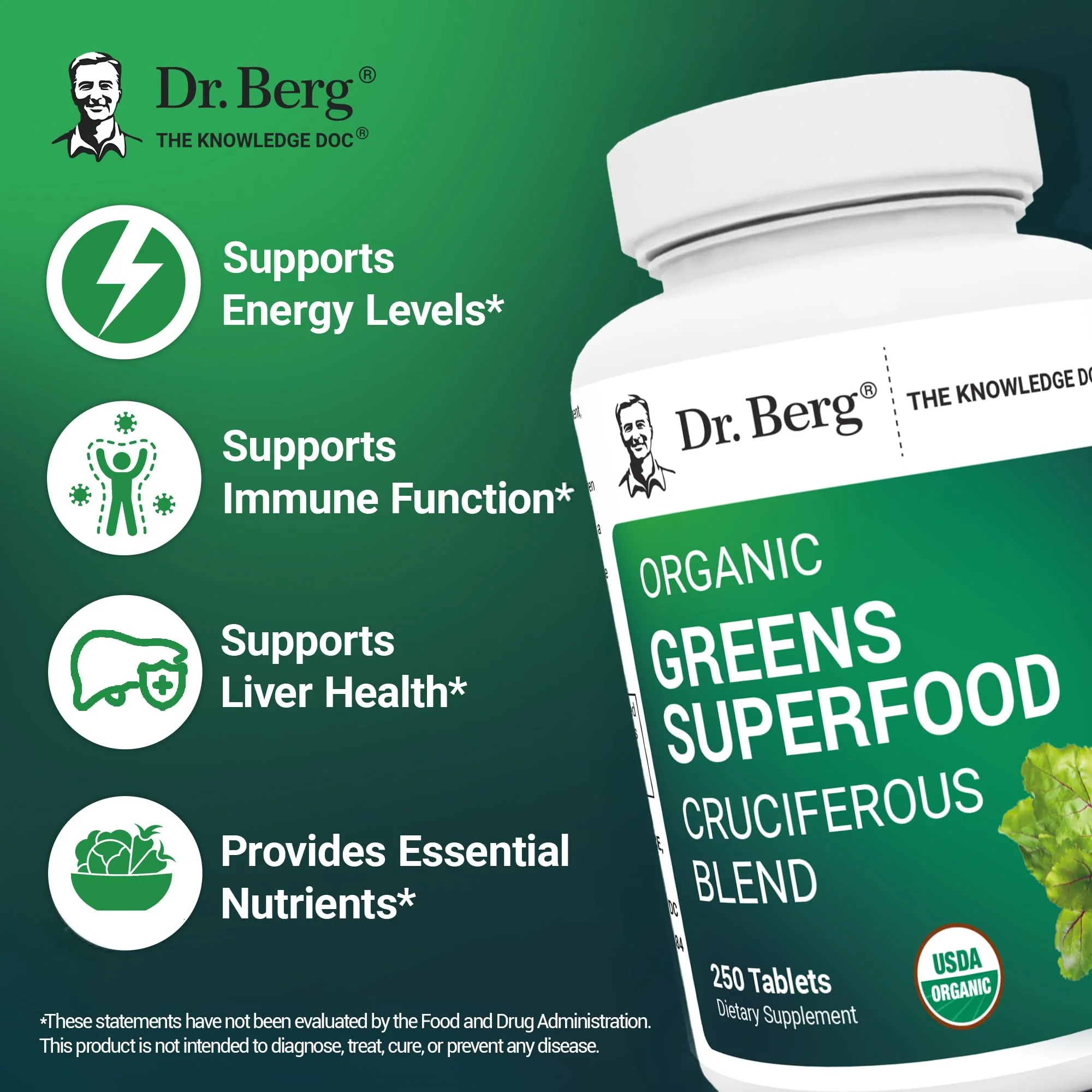 Dr. Berg's Greens Superfood Cruciferous Vegetable Tablets - Vegetable Supplements for Adults w/ 11 Phytonutrient Super Greens Tablets - Energy, Immune System & Liver Veggie Tablets - 250 Tablets - Image 8