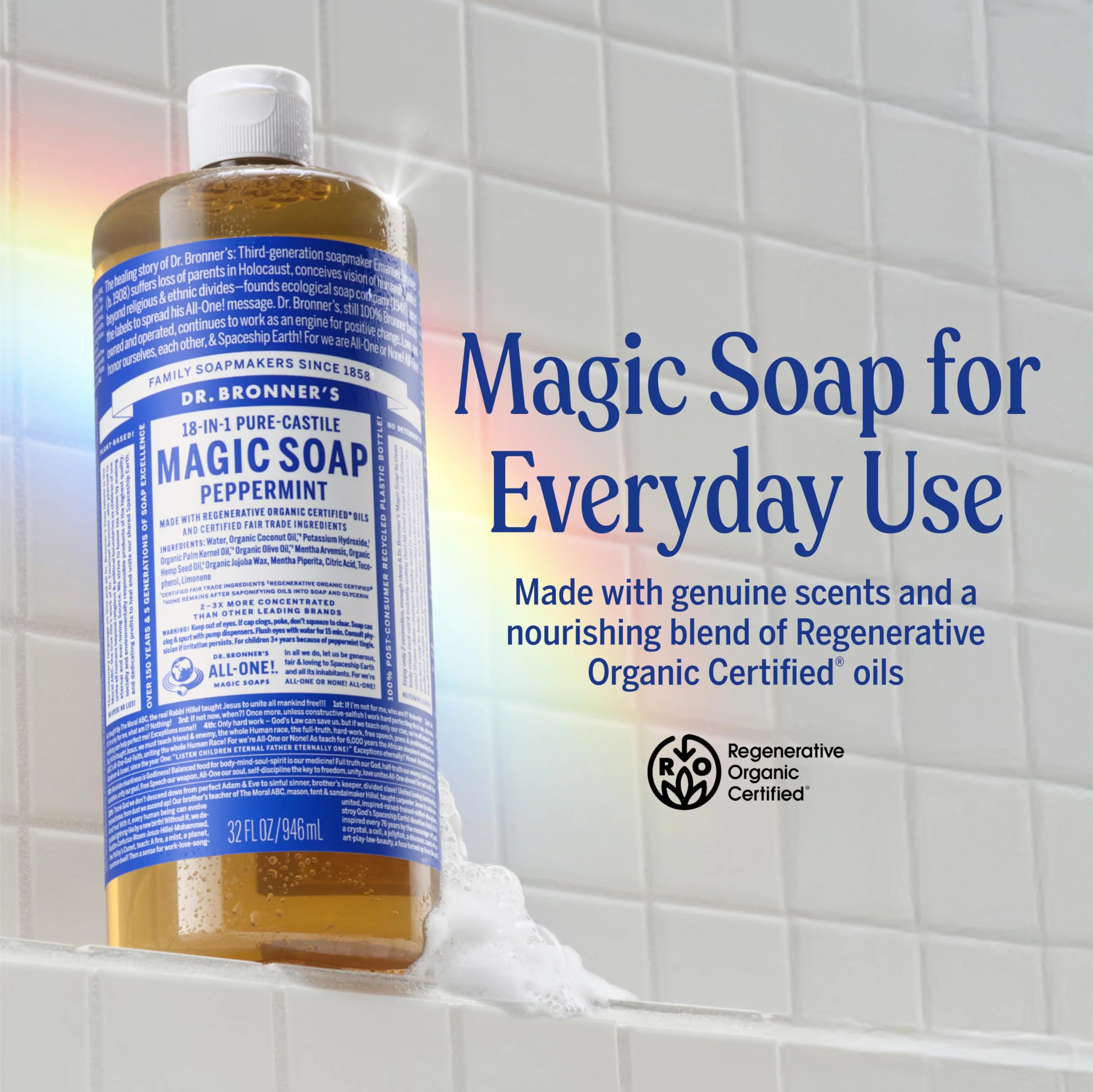 Dr. Bronner's Pure-Castile Magic Liquid Soap - Made with Regenerative Organic Certified Oils- 18-in-1 Uses for Face, Body, Hand, Hair, Laundry & More- Vegan, Non-GMO- Body Wash- Peppermint,32oz - Image 8
