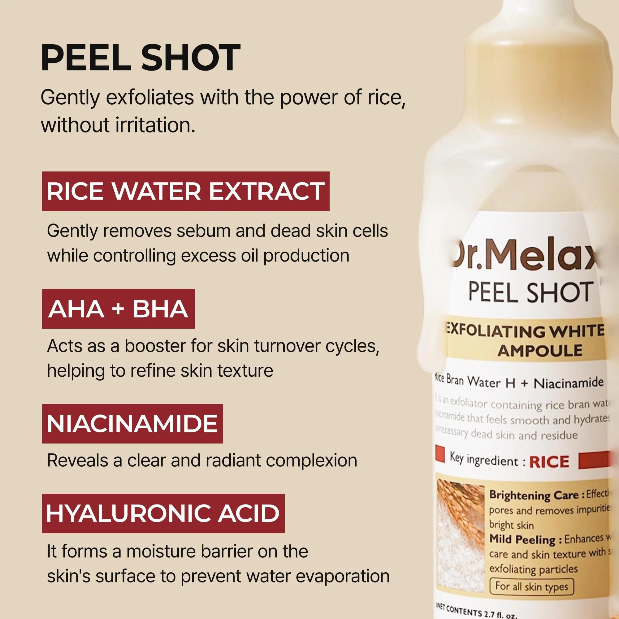 Dr.Melaxin Peel Shot Glow White Rice Peeling Ampoule 80ml, Dead Skin Gentle Exfoliating Ampoule with Rice Water Extract, AHA BHA, Niacinamide, Daily Skin Texture Care, All Skin Types, Korean Skincare - Image 6