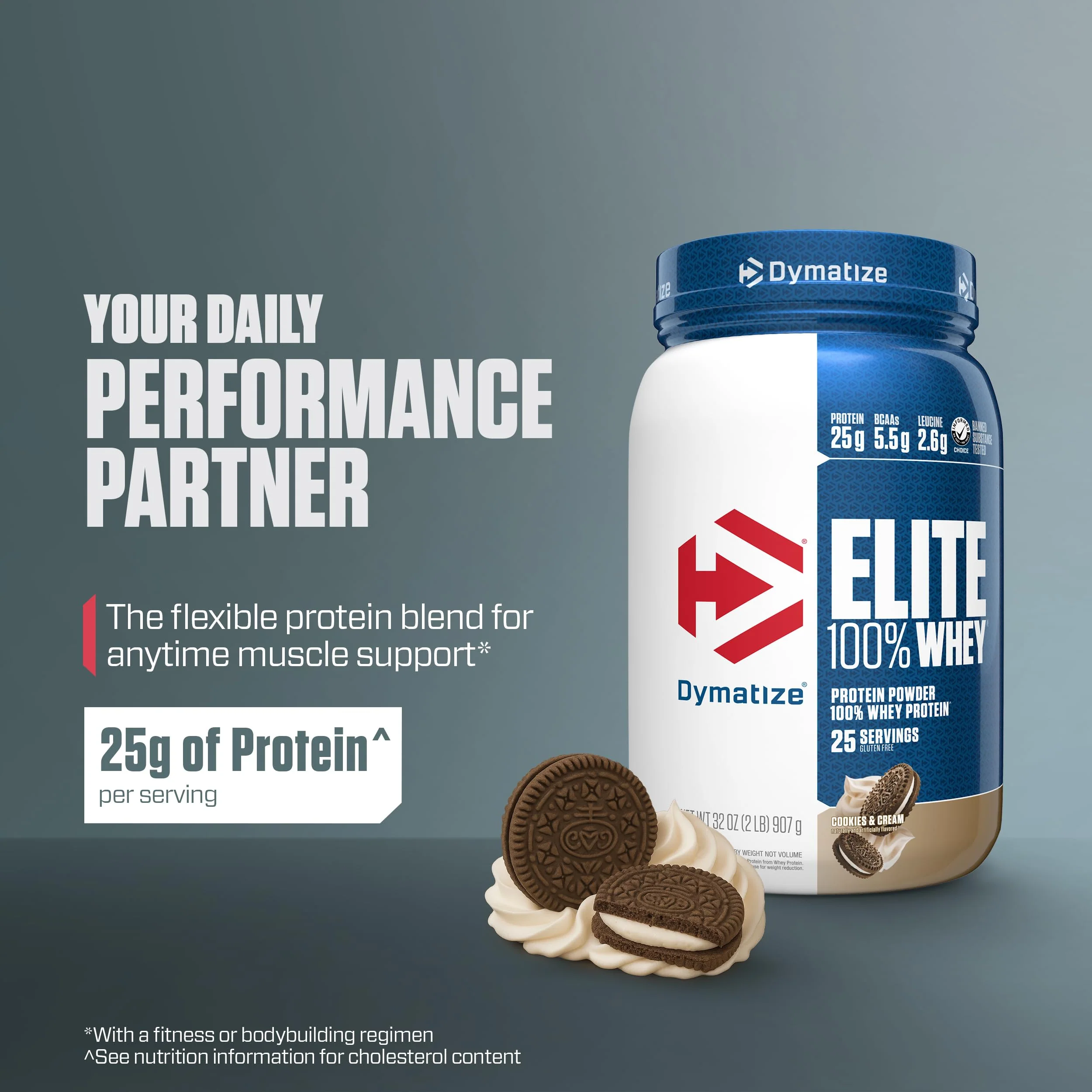 Dymatize Elite 100% Whey Protein Powder, Cookies & Cream, 25g of Protein, 5.5g BCAAs, Less Than 140 Cal., Gluten Free, 3g Carb, 2g Sugar, 3g Fat (25 Servings) - Image 6