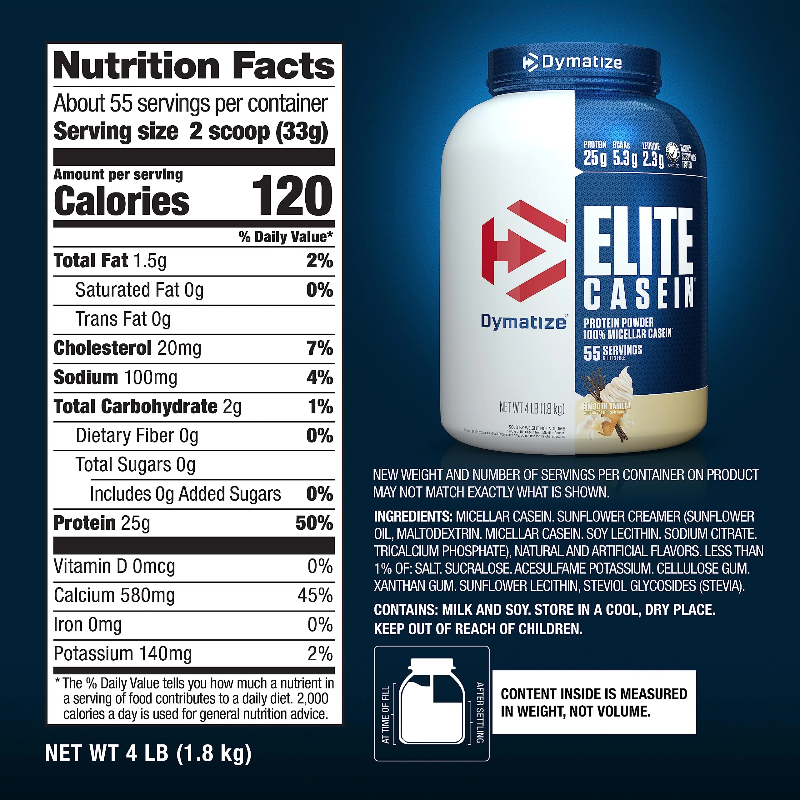 Dymatize Elite Casein Protein Powder, Vanilla, 100% Micellar Casein, 25g Protein, 5.4g BCAAs, 2.3g Leucine, Slow Absorbing for Overnight Muscle Recovery, 4 lb (55 Servings) - Image 5