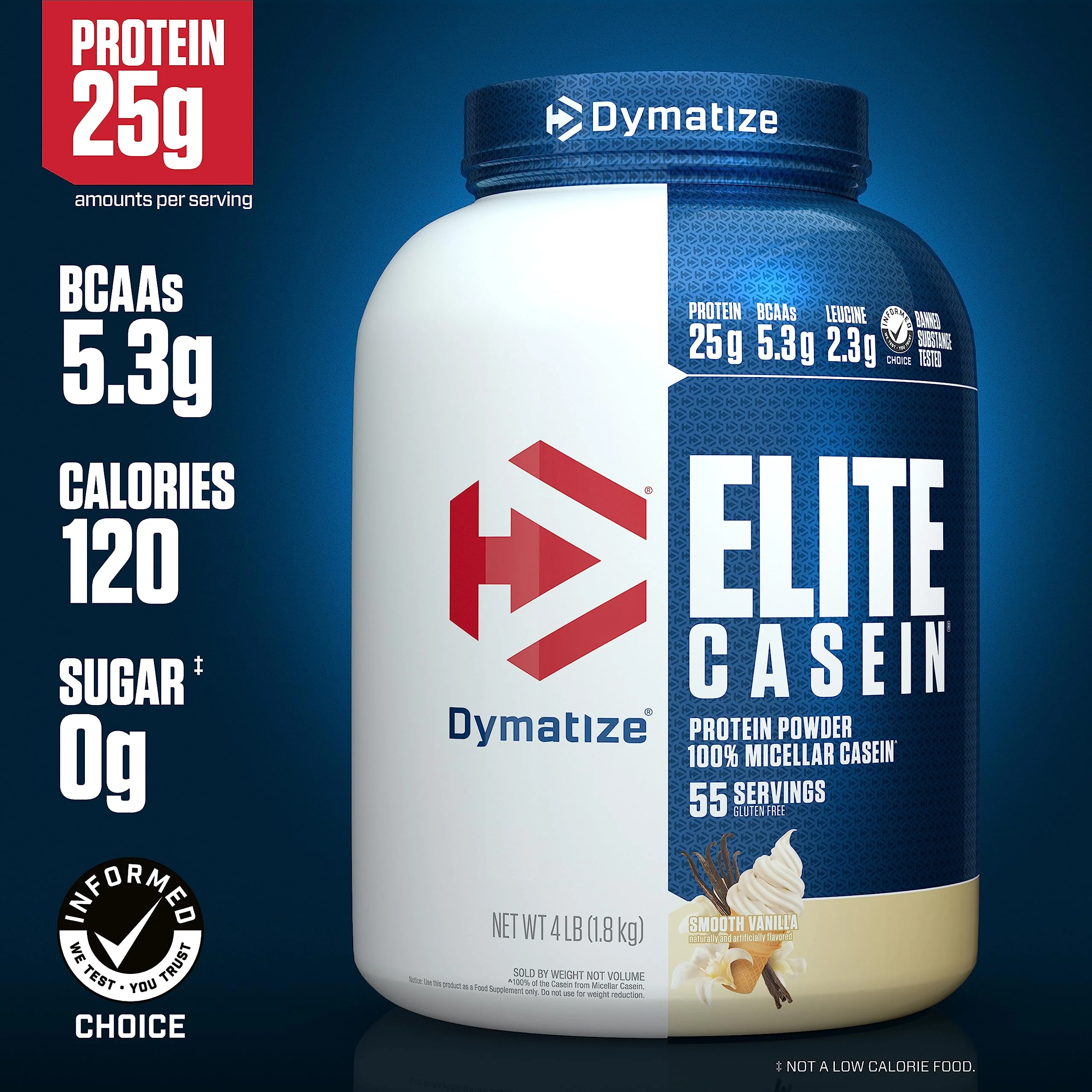 Dymatize Elite Casein Protein Powder, Vanilla, 100% Micellar Casein, 25g Protein, 5.4g BCAAs, 2.3g Leucine, Slow Absorbing for Overnight Muscle Recovery, 4 lb (55 Servings) - Image 8