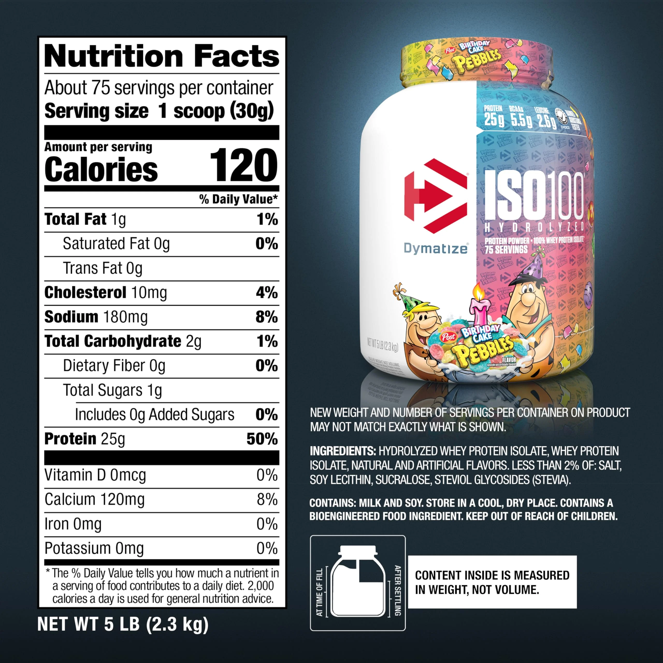 Dymatize ISO100 Whey Protein Powder Isolate, Birthday Cake, 25g of Protein, 5 Pound, 5.5g BCAAs, Less Than 120 Cal., Gluten Free, 1g Fat, 1g Sugar, 2g Carb (75 Servings) - Image 3
