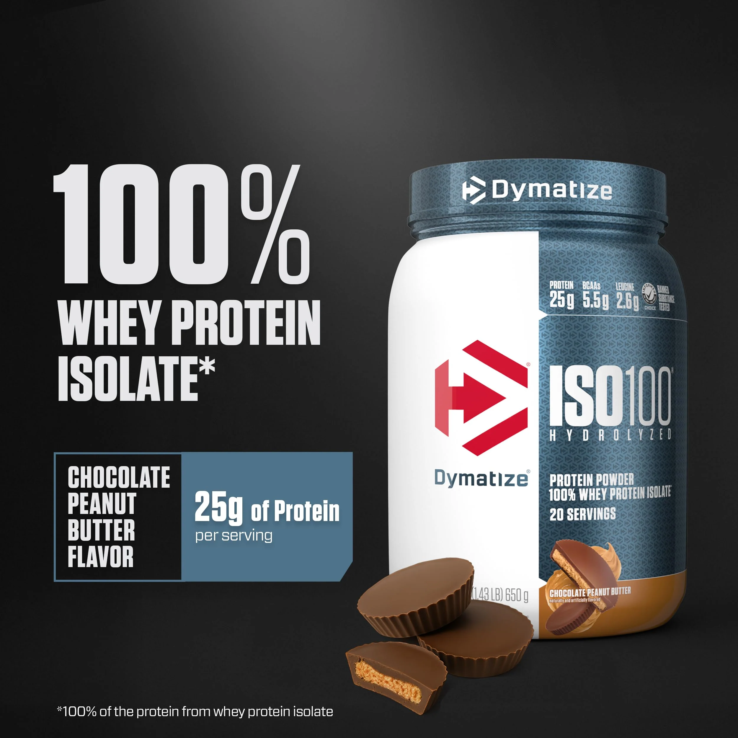 Dymatize ISO100 Whey Protein Powder Isolate, Chocolate Peanut Butter, 25g of Protein, 20 Servings, 5.5g BCAAs, Less Than 120 Cal., Gluten Free, 1g Fat, 1g Sugar, 2g Carb - Image 15