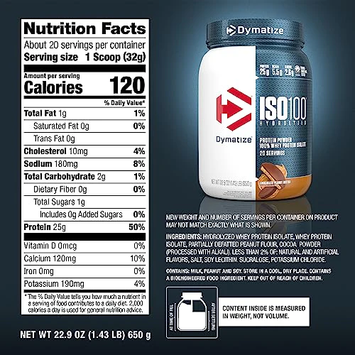 Dymatize ISO100 Whey Protein Powder Isolate, Chocolate Peanut Butter, 25g of Protein, 20 Servings, 5.5g BCAAs, Less Than 120 Cal., Gluten Free, 1g Fat, 1g Sugar, 2g Carb - Image 2